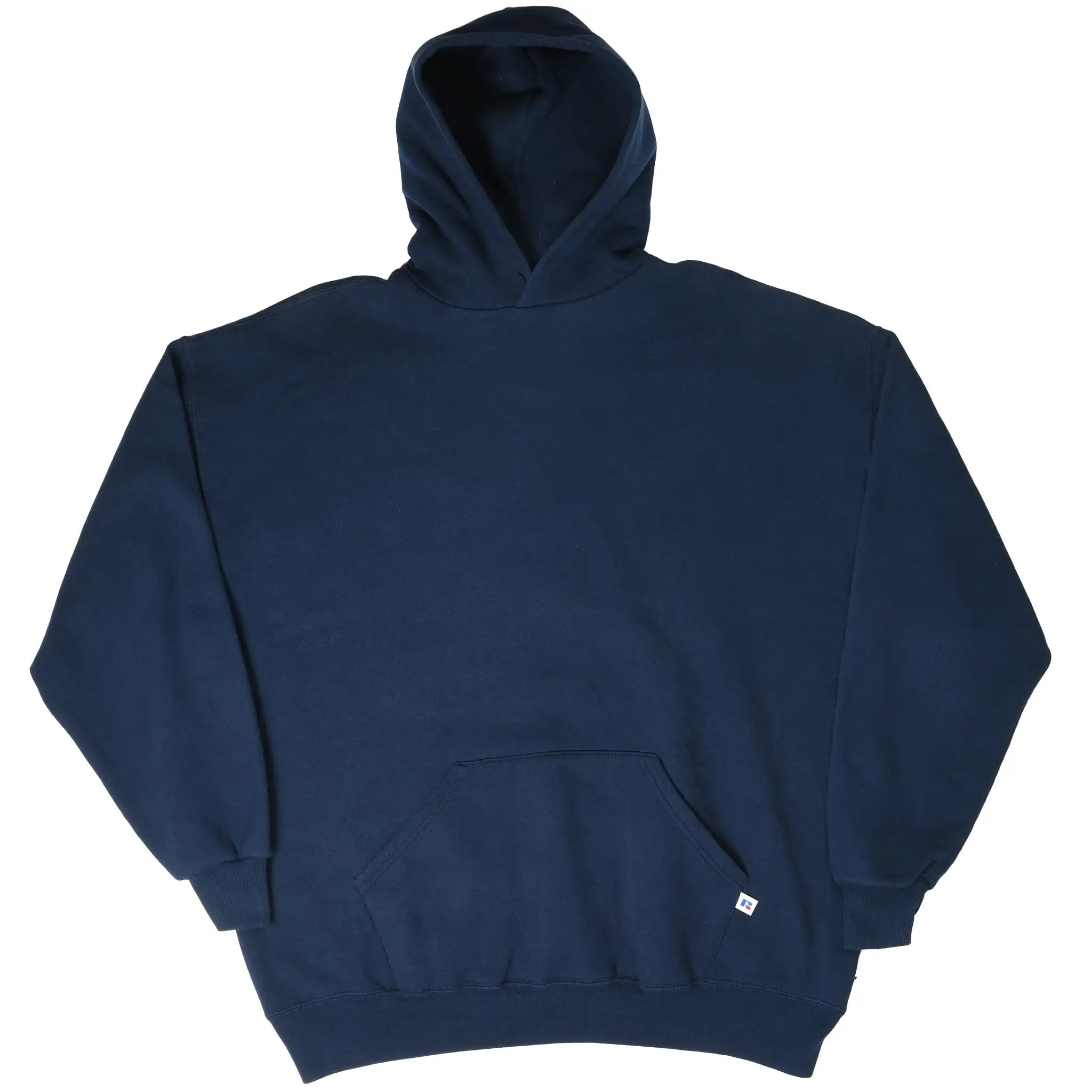 Front of navy blue Russell Athletic hoodie showing hood and kangaroo pocket