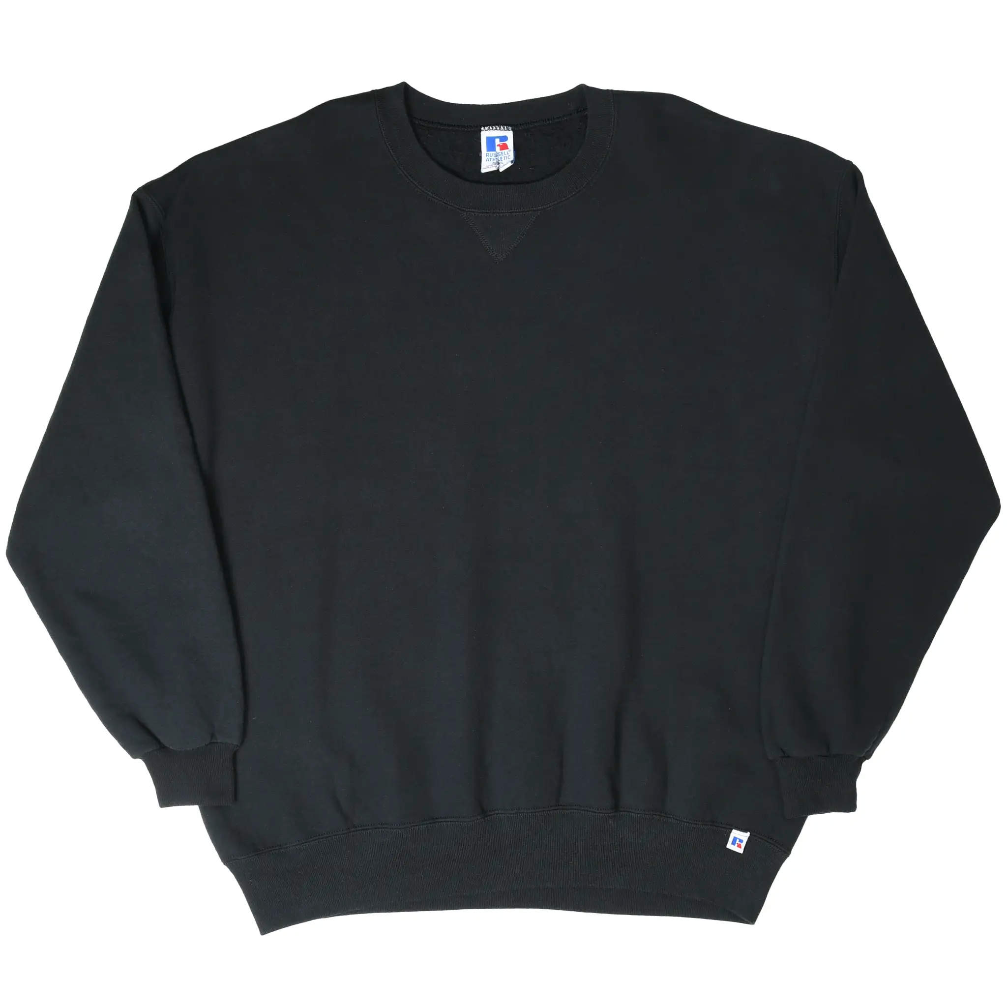 Full front view of black Russell Athletic blank crewneck sweatshirt