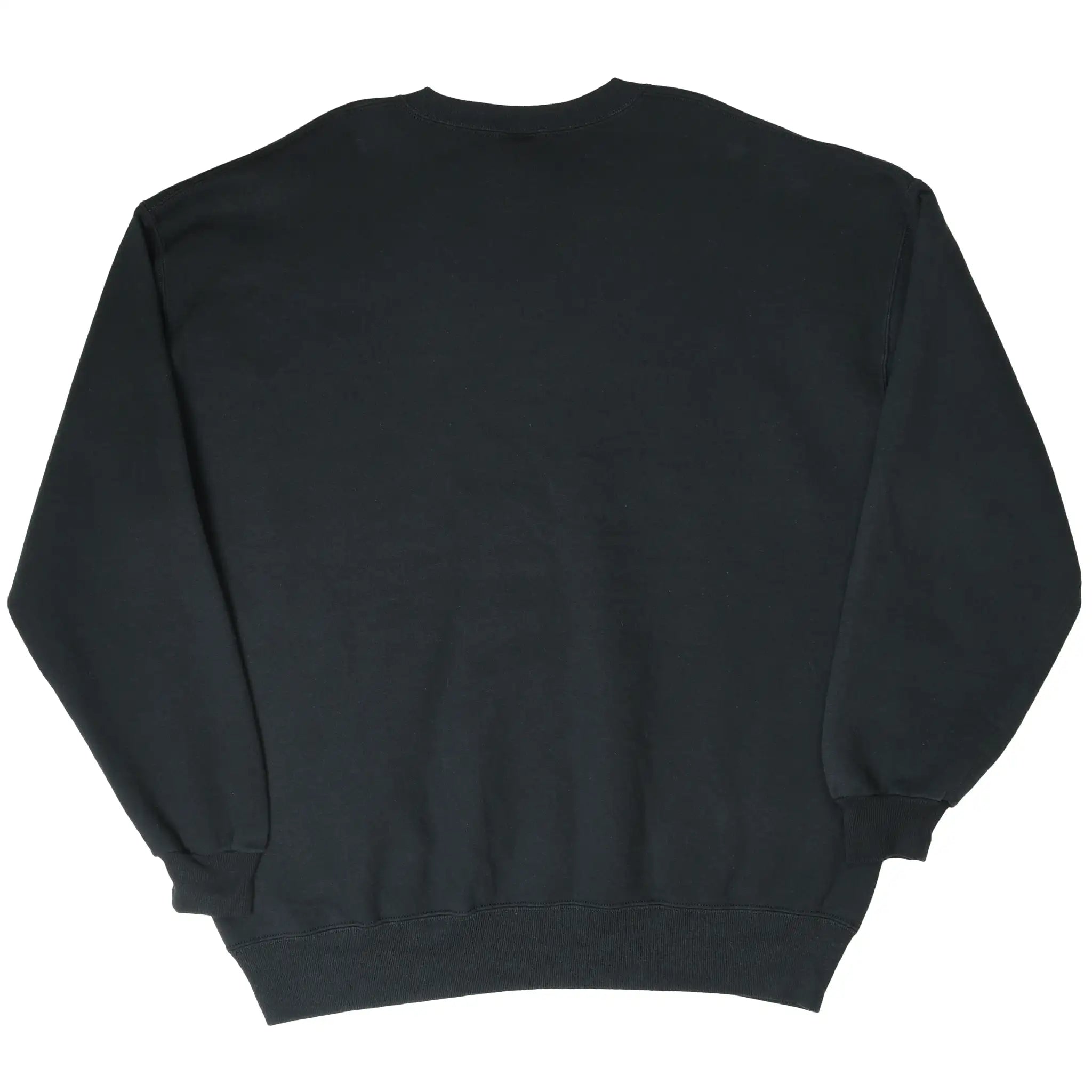 Back of black Russell Athletic blank crewneck sweatshirt