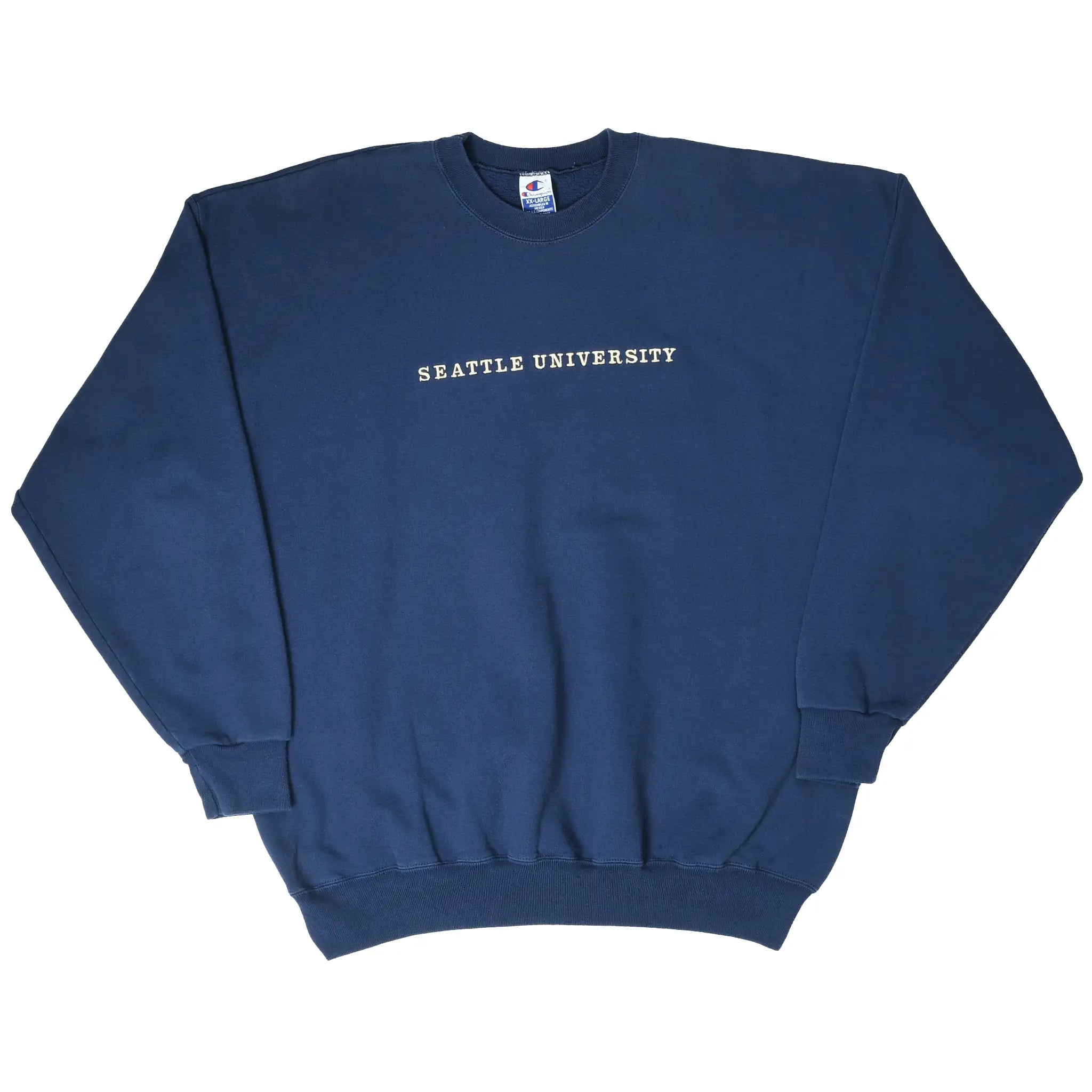 Full front view of navy Champion sweatshirt with Seattle University lettering
