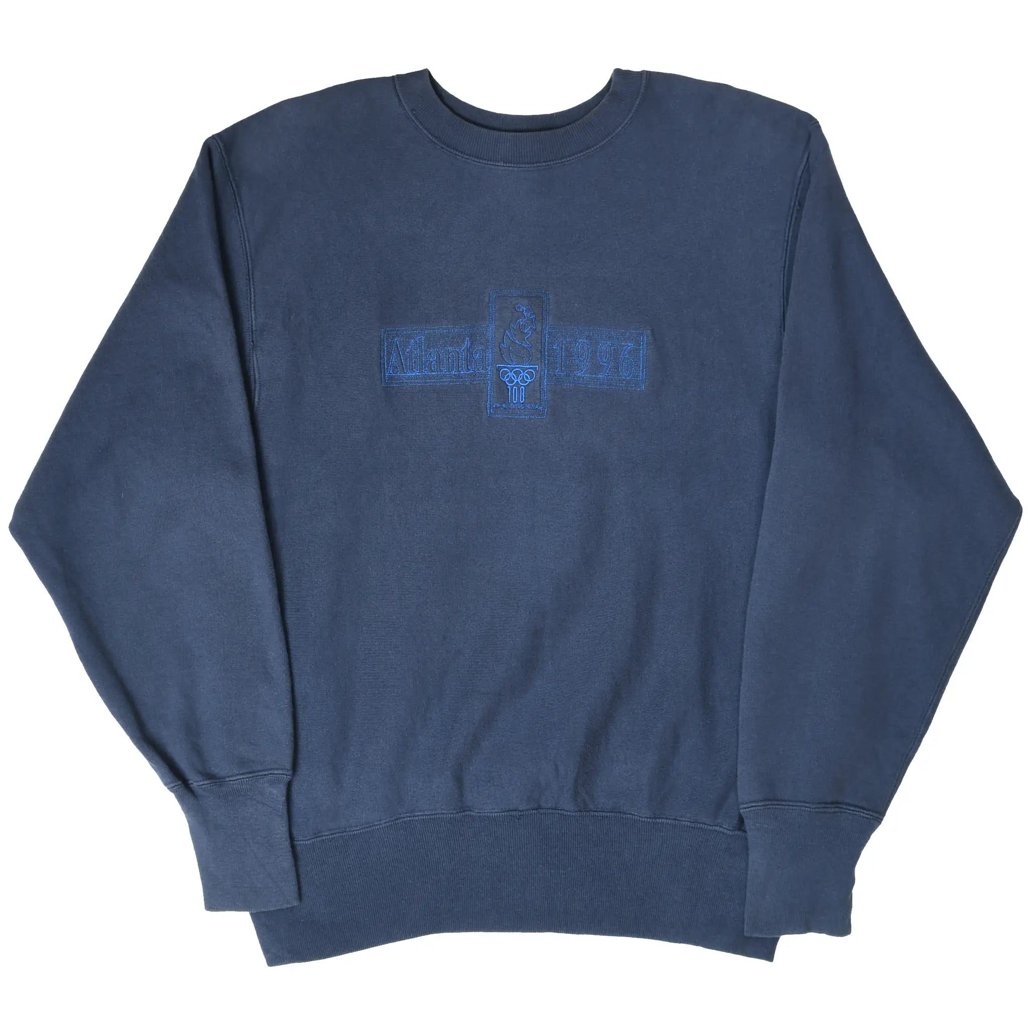 Full front view of navy Champion sweatshirt with Atlanta 1996 Olympic embroidery