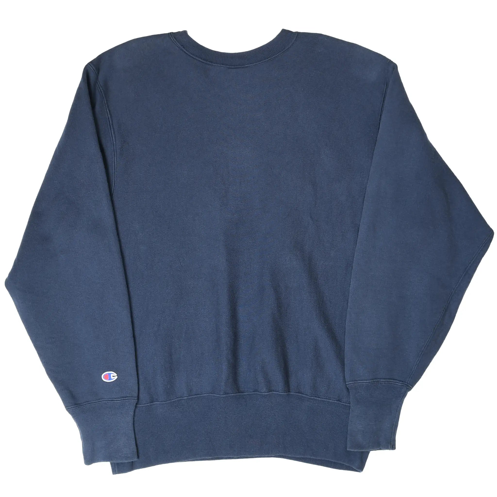 Back of navy Champion Reverse Weave sweatshirt with sleeve logo patch