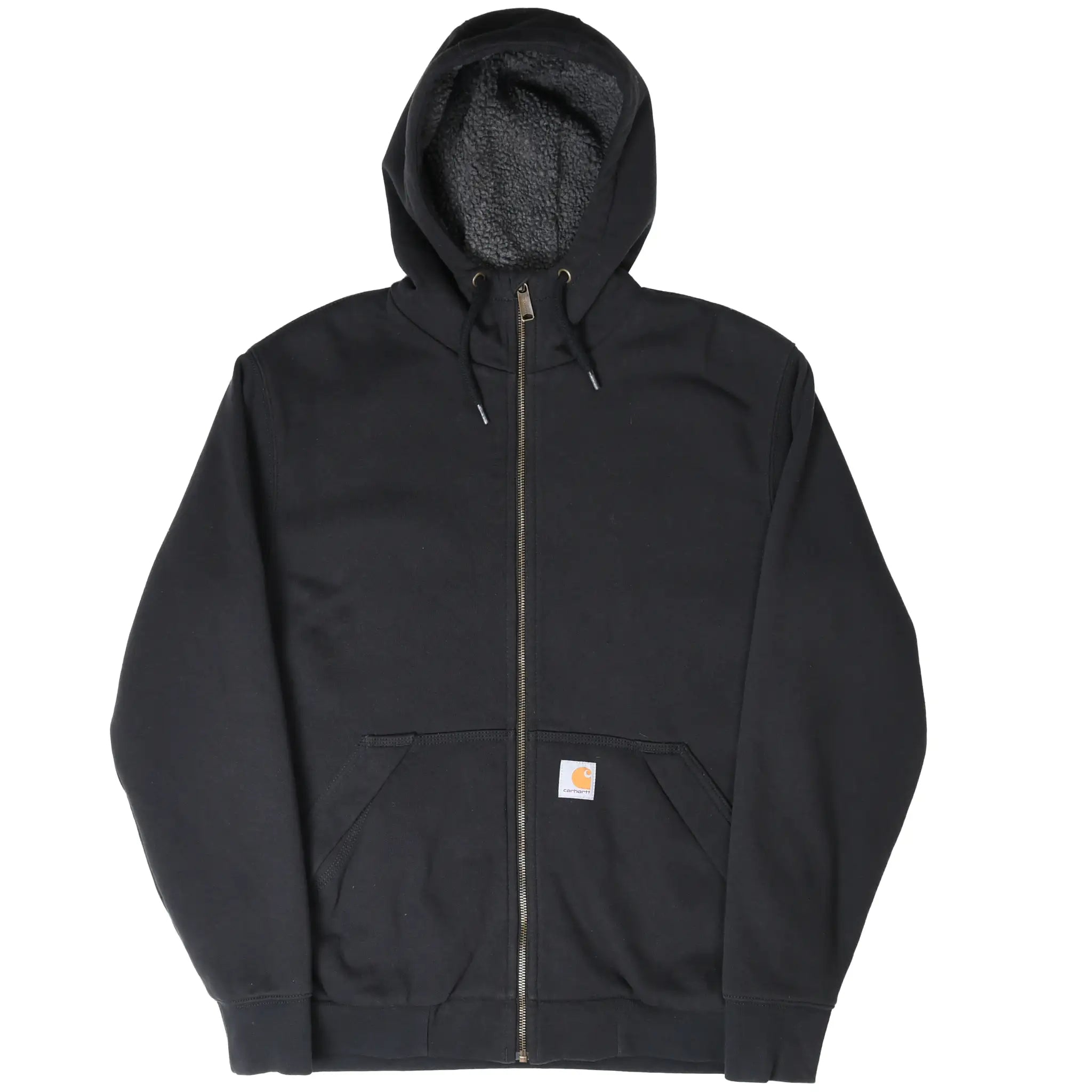 Full front view of black Carhartt sherpa-lined zip hoodie with hand pockets
