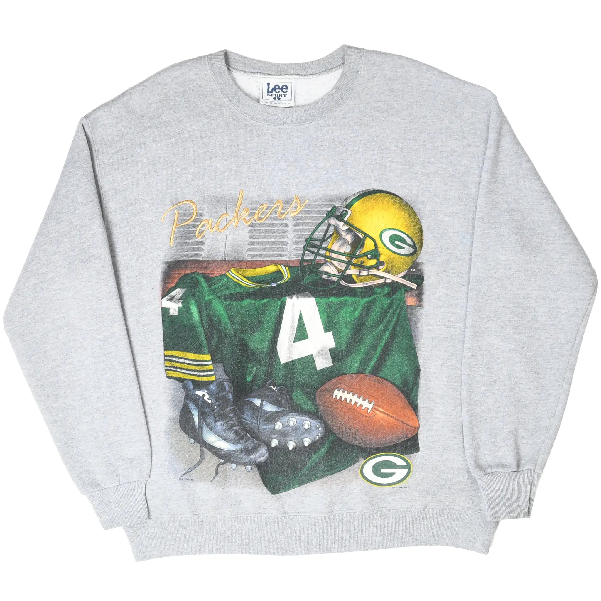 Full front view of gray Packers sweatshirt with green number 4 football gear graphic