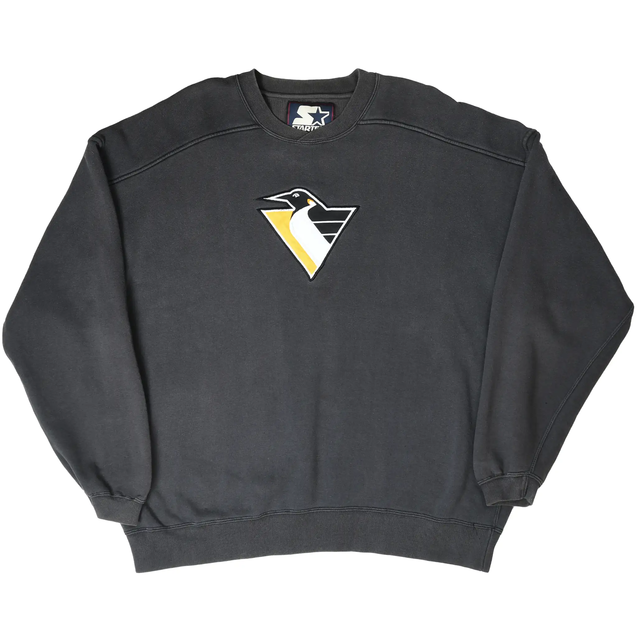Full front view of black Pittsburgh Penguins crewneck sweatshirt