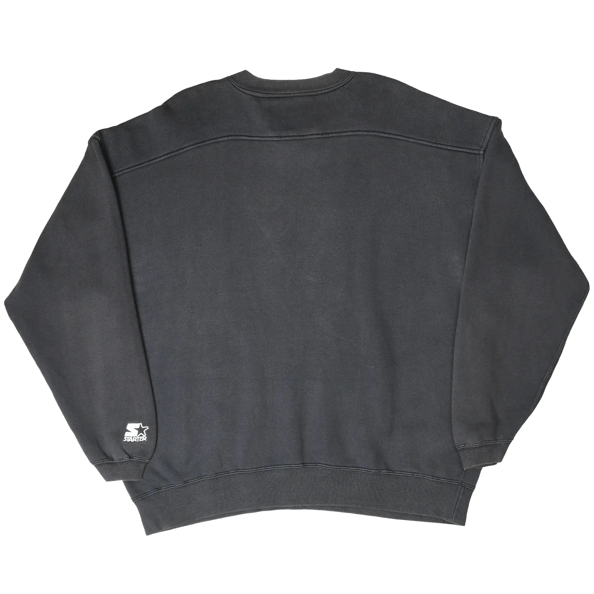 Back of black Starter Pittsburgh Penguins sweatshirt with small sleeve logo