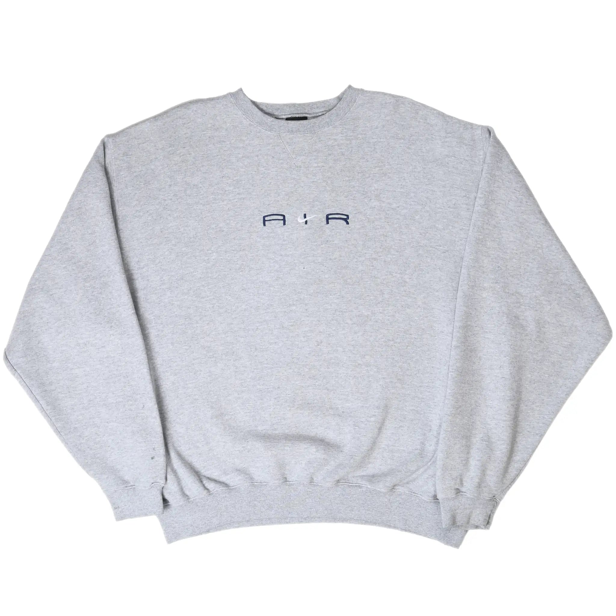Full front of grey Nike Air crewneck sweatshirt with centered chest embroidery