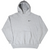 Front of grey Nike hoodie with black Swoosh embroidery, drawstring hood, and pouch pocket