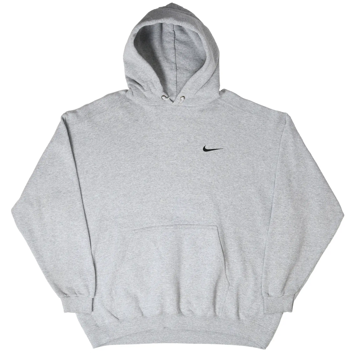 Front of grey Nike hoodie with black Swoosh embroidery, drawstring hood, and pouch pocket