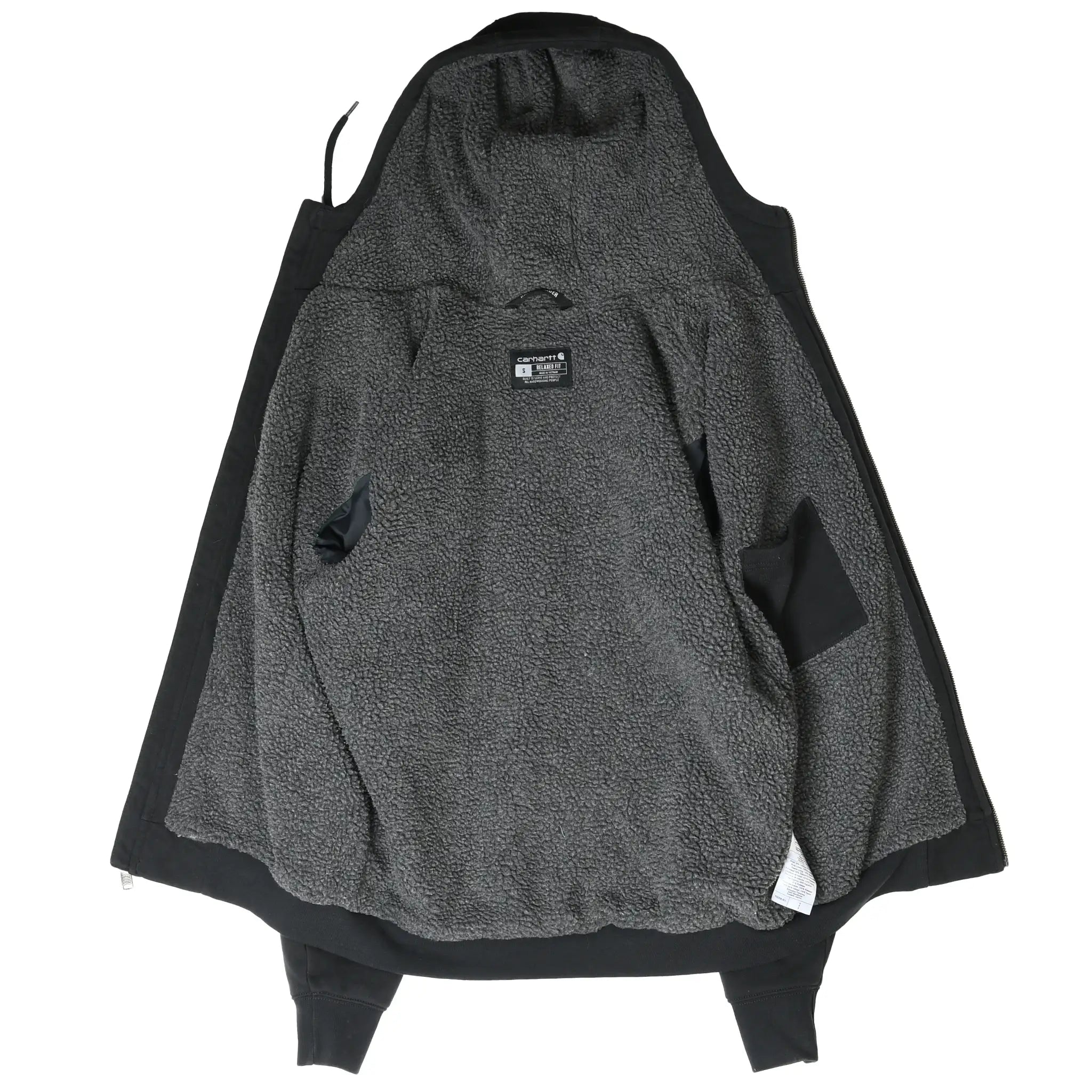 Open black Carhartt hoodie showing gray sherpa lining throughout the interior