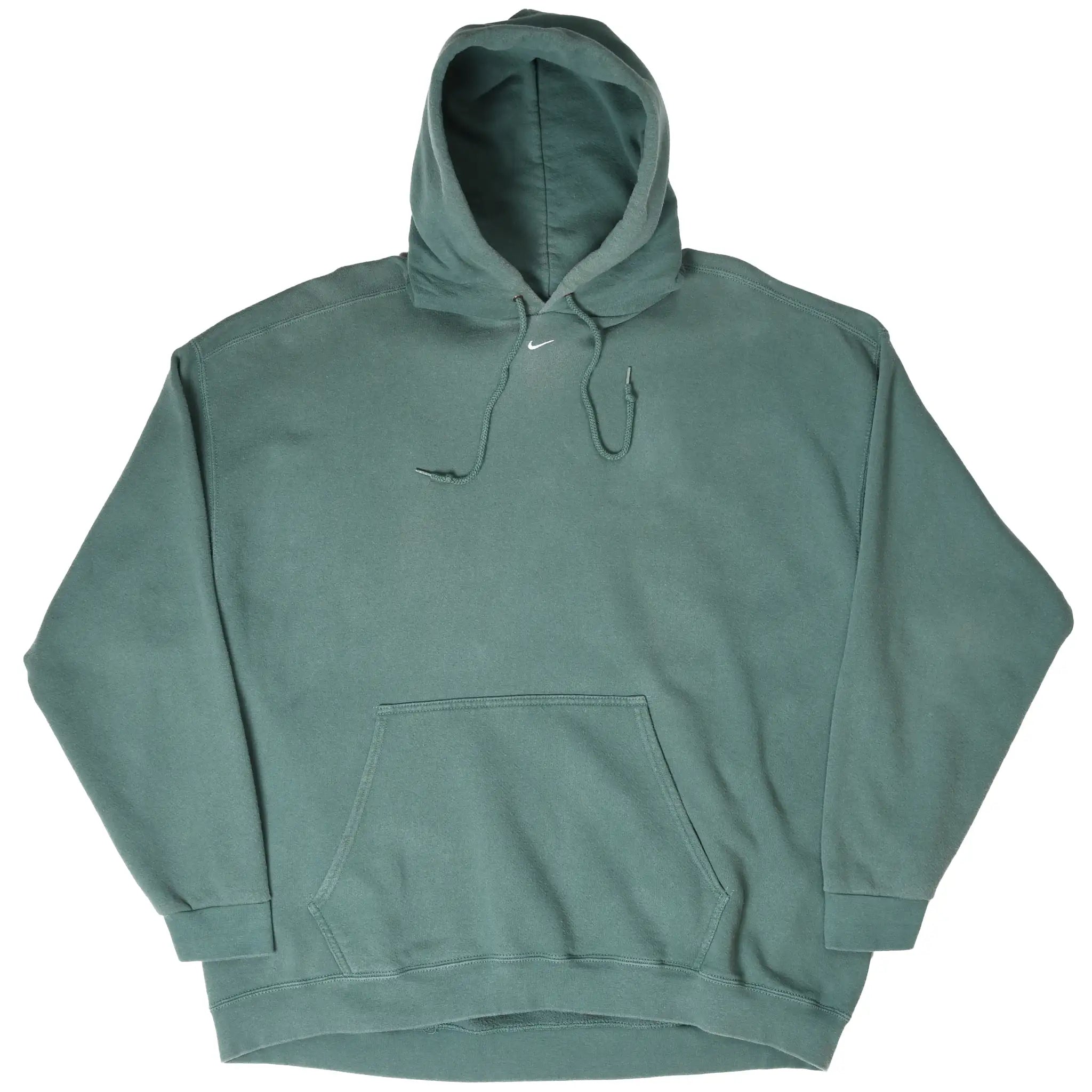 Full front view of green Nike hoodie with drawstring hood, center Swoosh, and kangaroo pocket