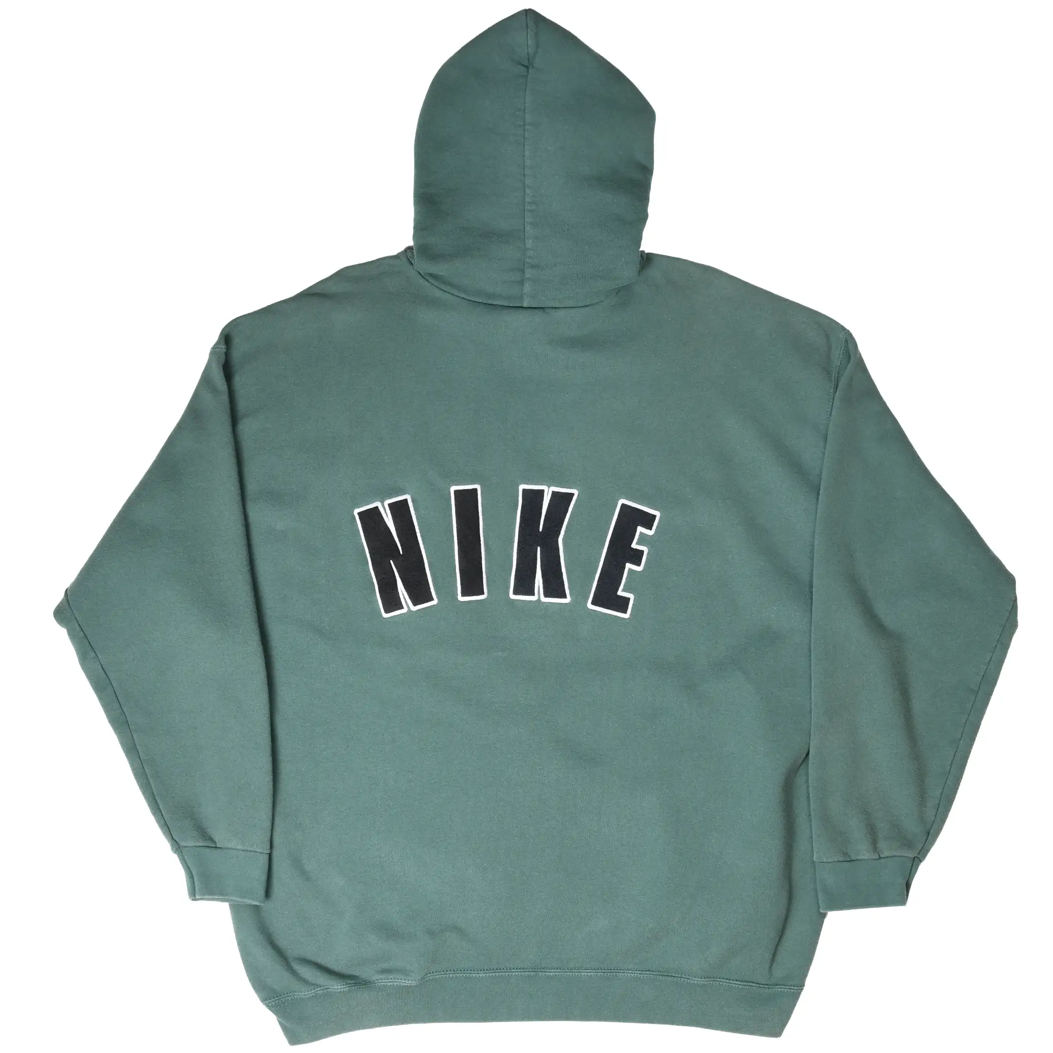 Back of green Nike hoodie with large arched black-and-white NIKE lettering