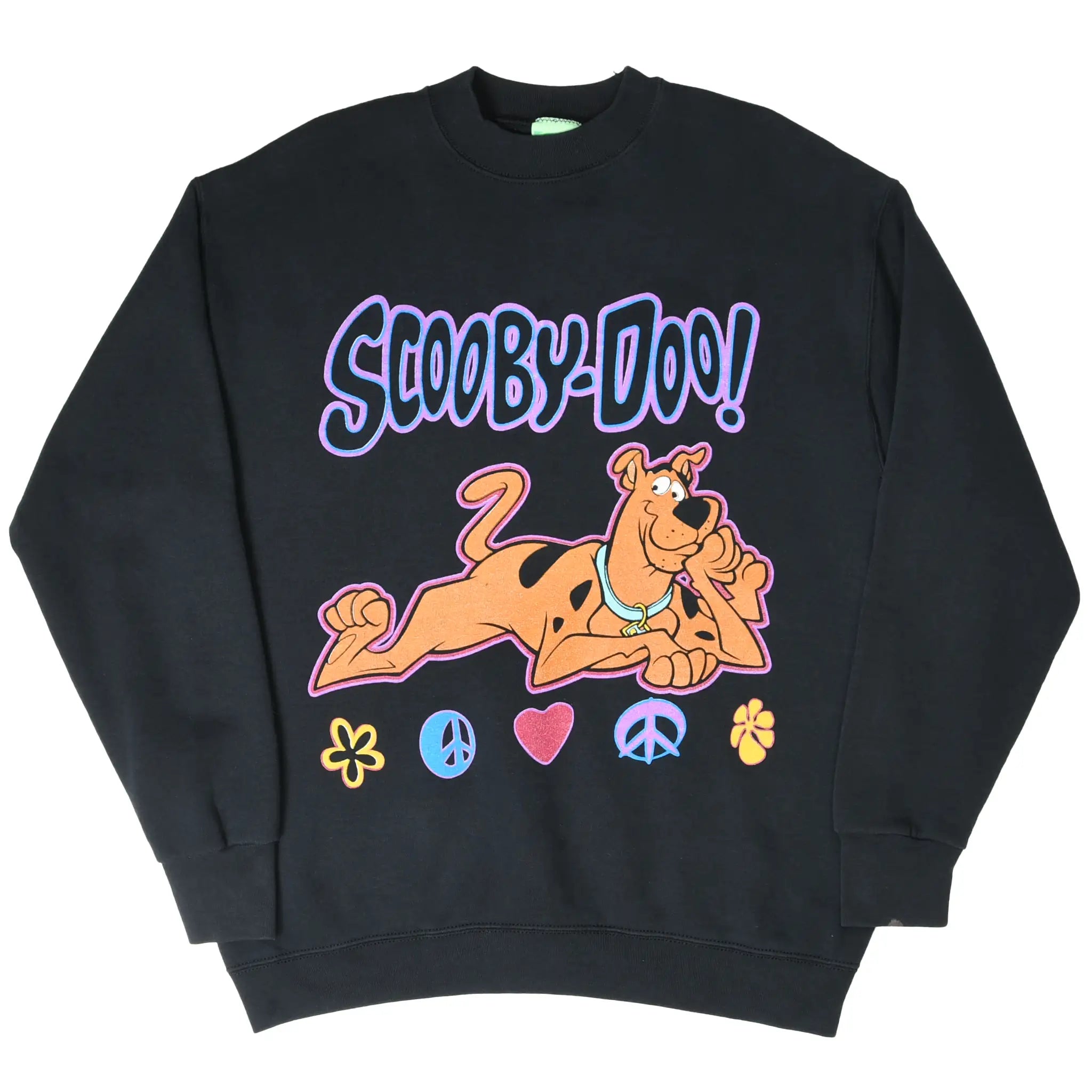 Full front view of black Scooby-Doo Peace & Love crewneck sweatshirt