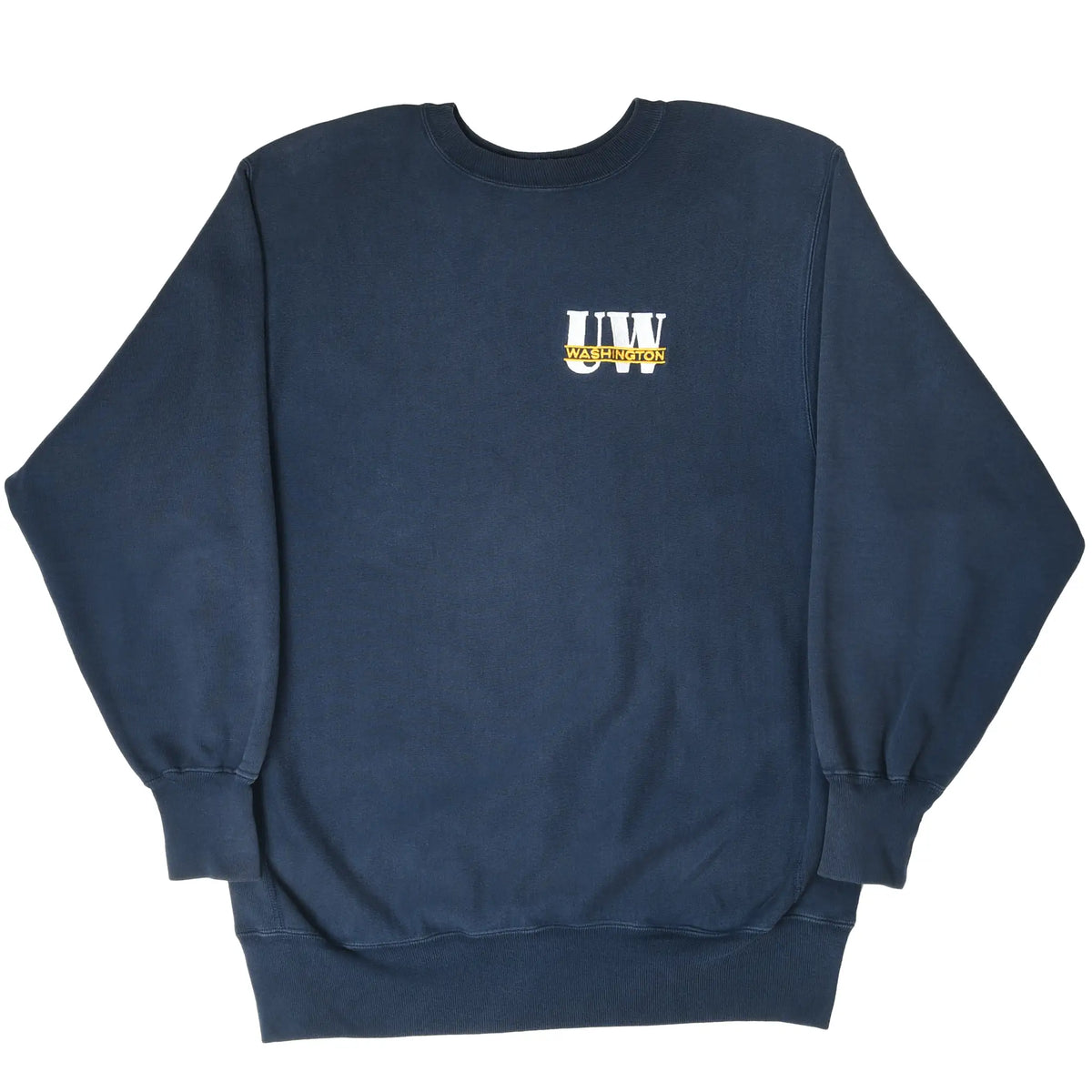 Full front view of navy Champion sweatshirt with white and gold Washington UW embroidery