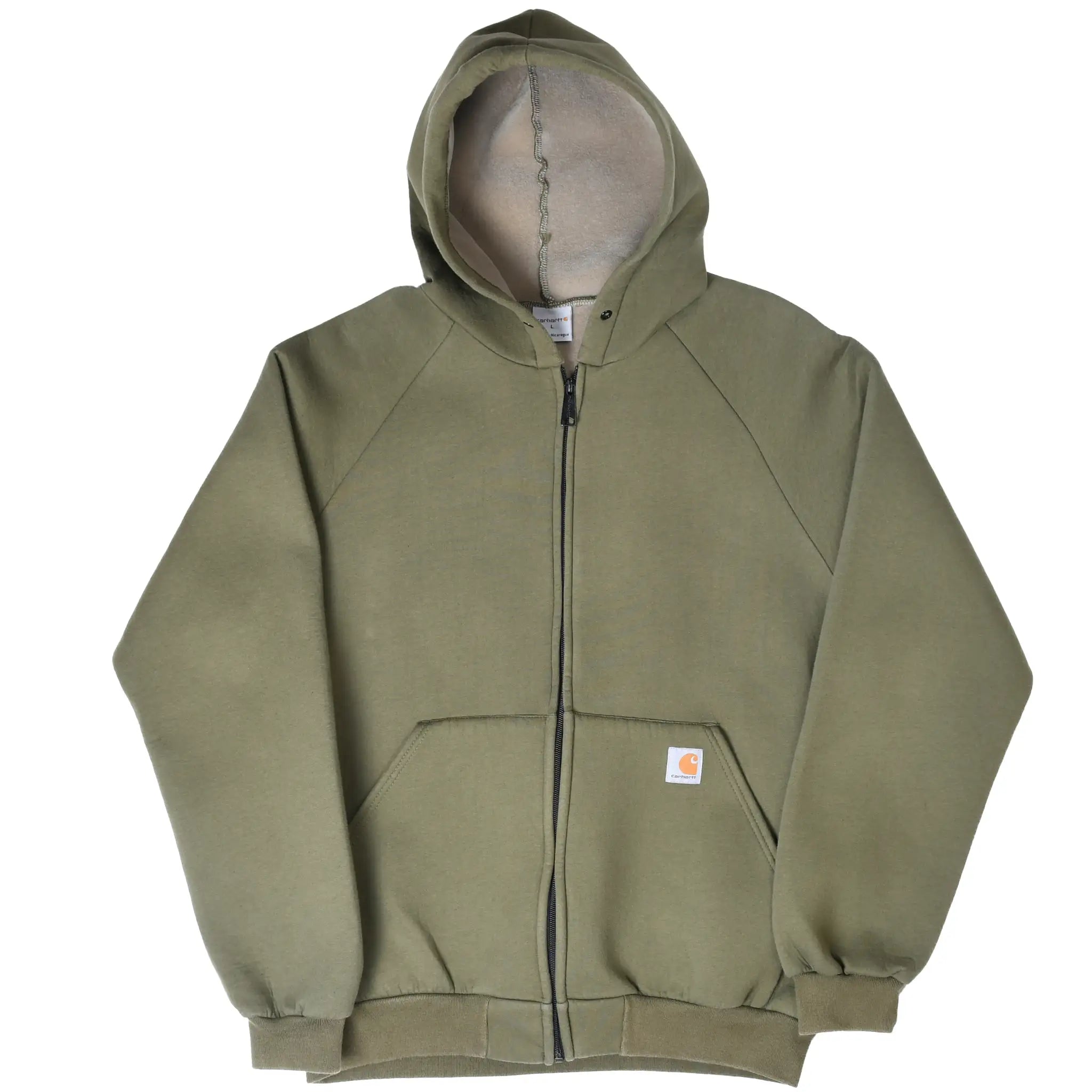 Front view of olive green Carhartt full-zip hoodie with raglan sleeves and split kangaroo pocket