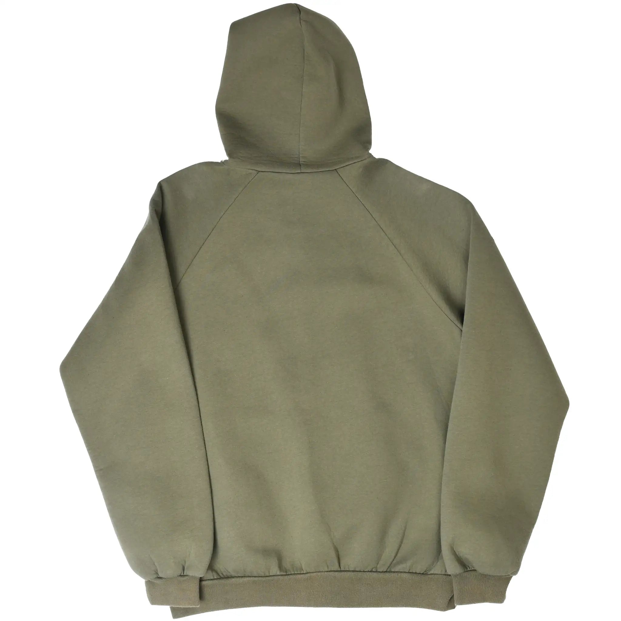 Back view of olive green Carhartt hoodie with raglan sleeves, hood, and ribbed hem