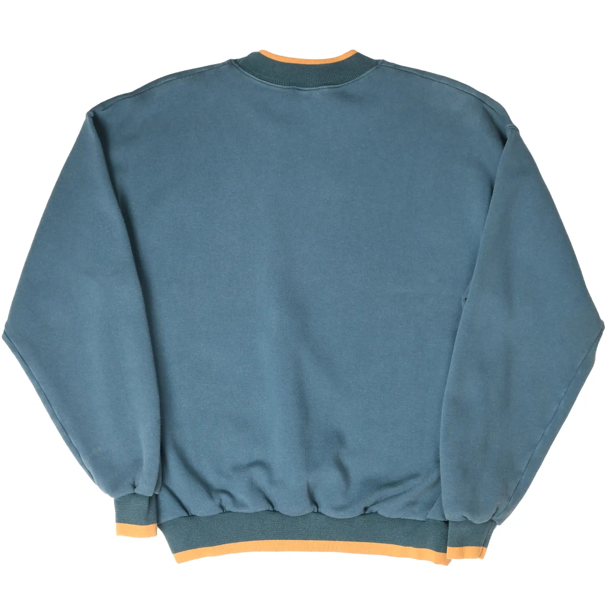 Back of sage green Nike sweatshirt with orange collar, cuffs, and hem trim