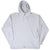 Front of gray Russell Athletic pullover hoodie showing a small hole near the drawcord hem