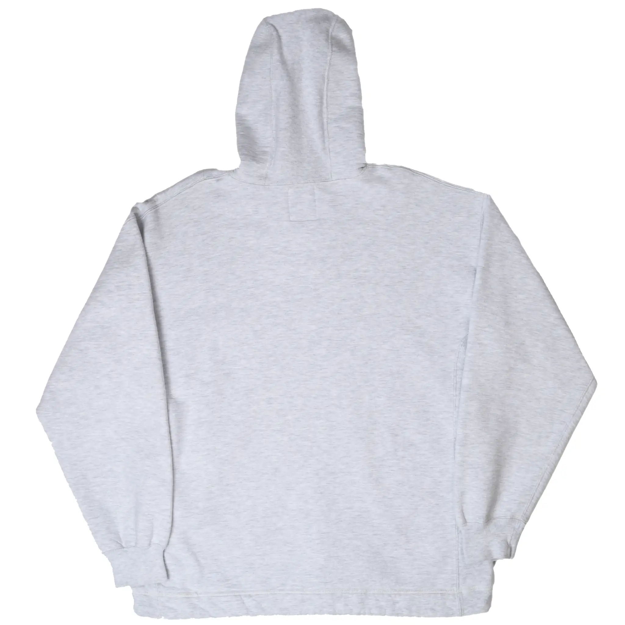 Back of grey Russell Athletic pullover hoodie with hood raised