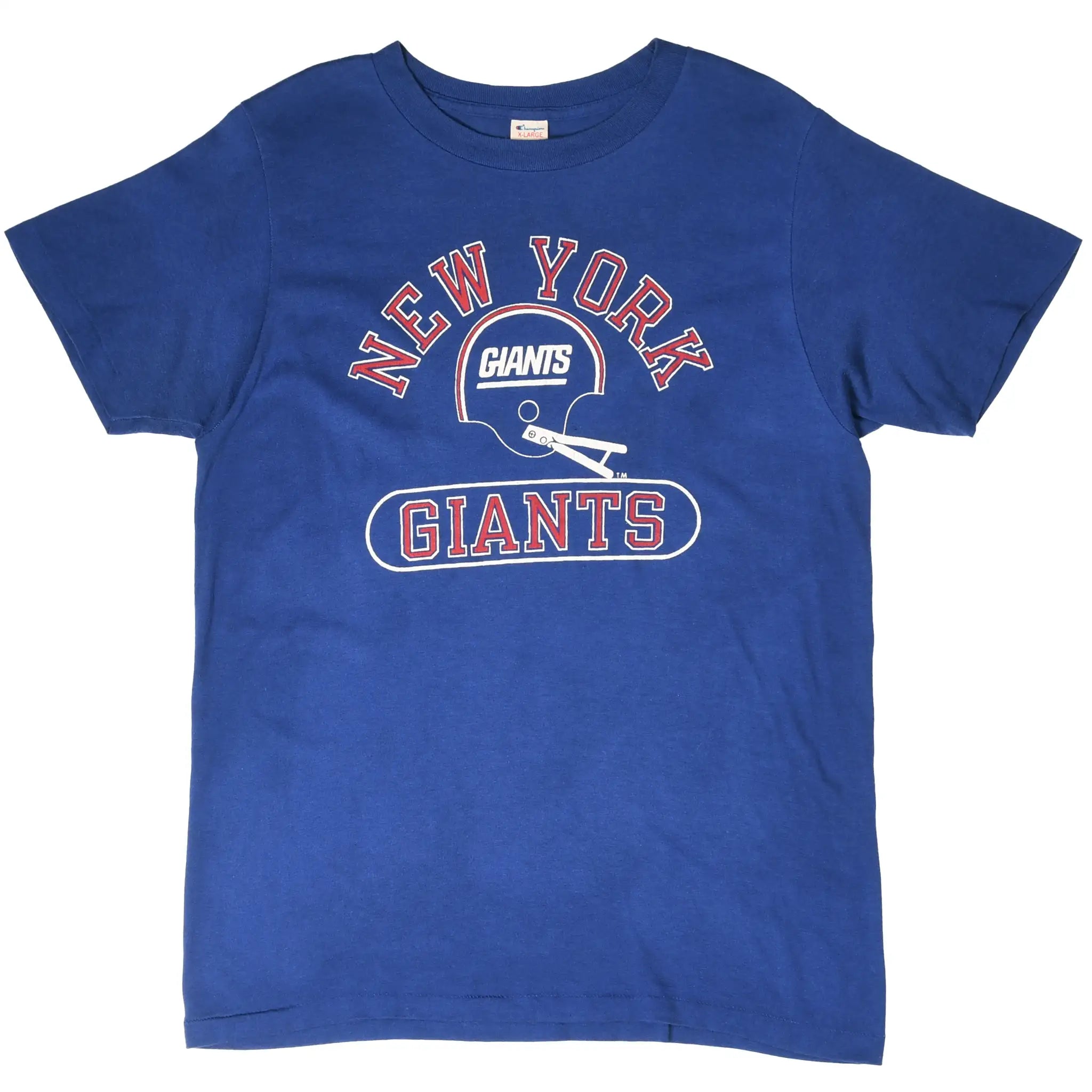 Full front of blue Champion New York Giants T-shirt with helmet graphic