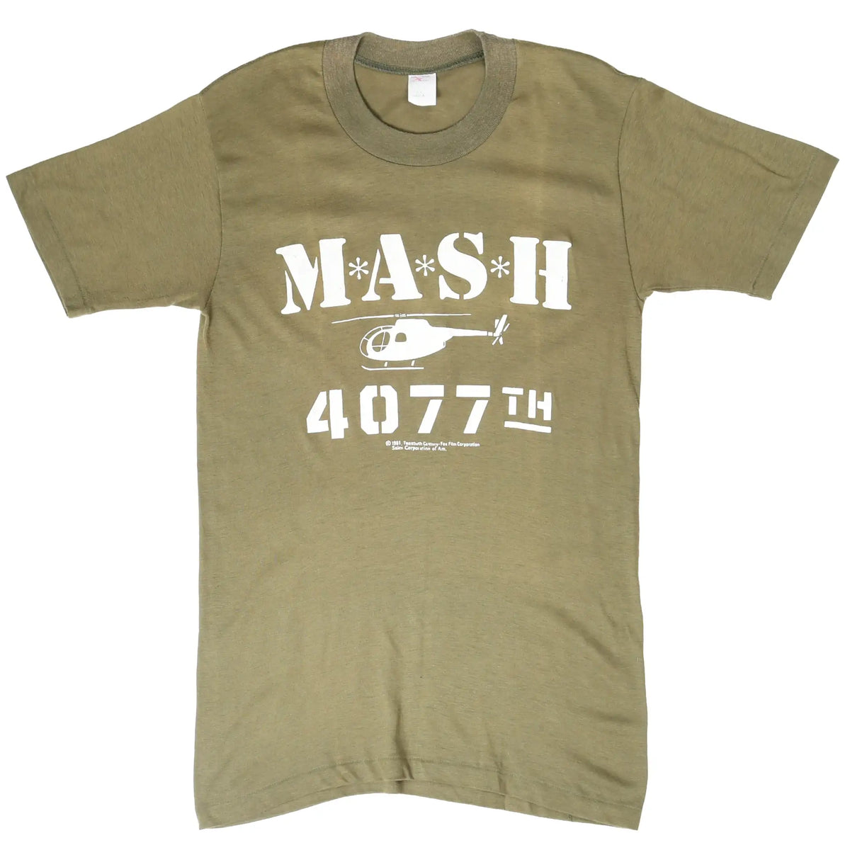 Full front of olive green M*A*S*H 4077th T-shirt with white helicopter print
