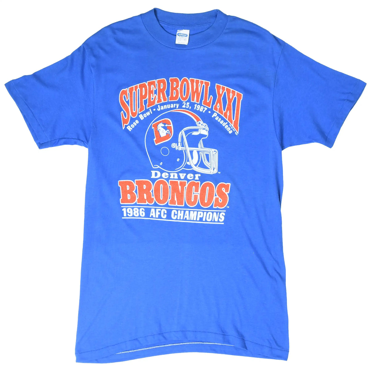 Full front of blue Denver Broncos Super Bowl XXI T-shirt with 1986 AFC Champions print