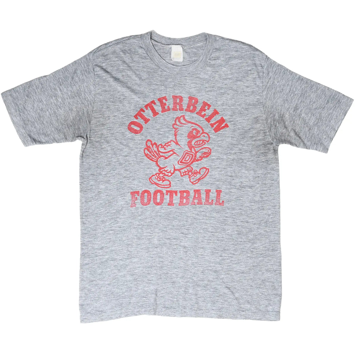 Full front view of gray Otterbein Football T-shirt with red cardinal print