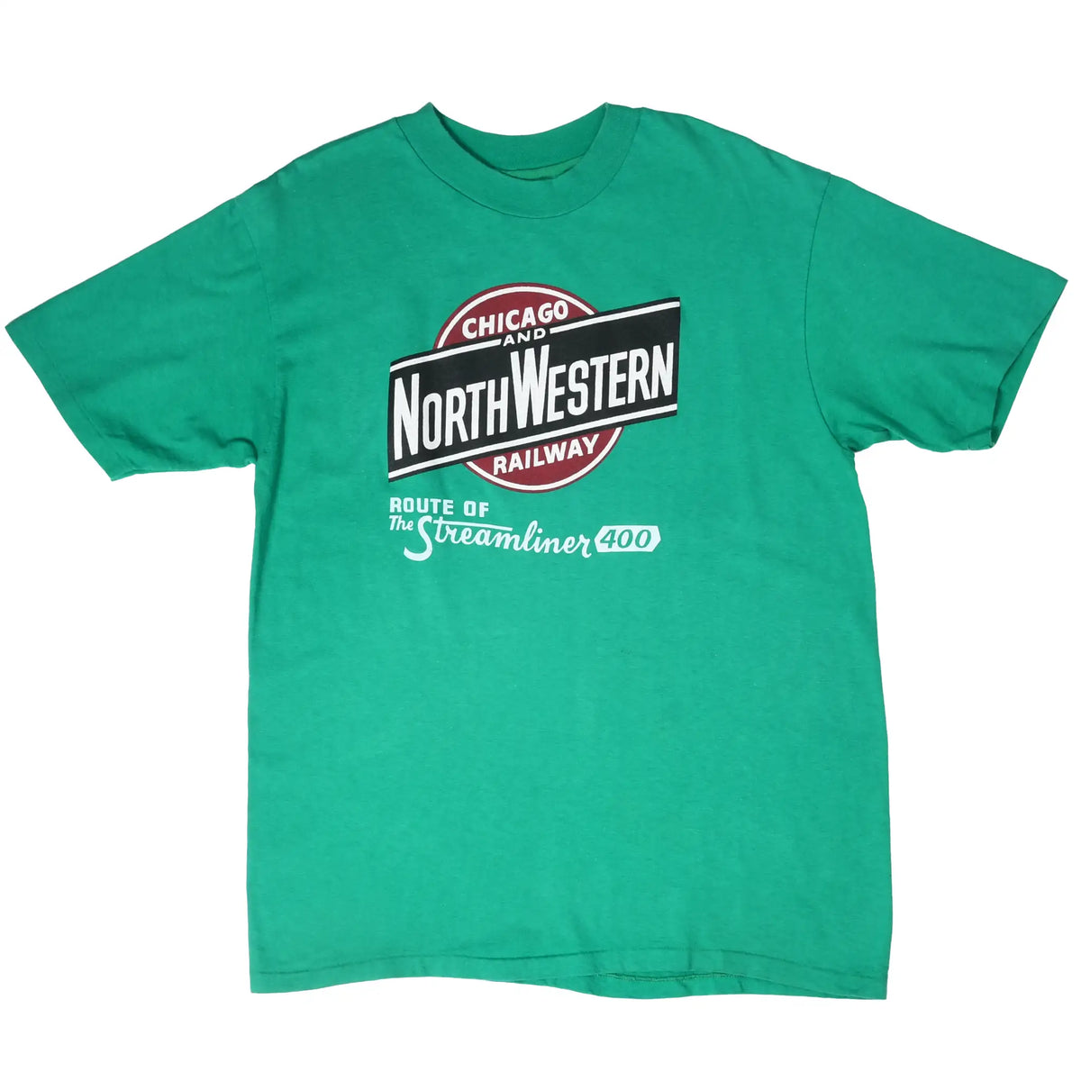 Full front of green T-shirt with Chicago & North Western Railway Streamliner 400 graphic
