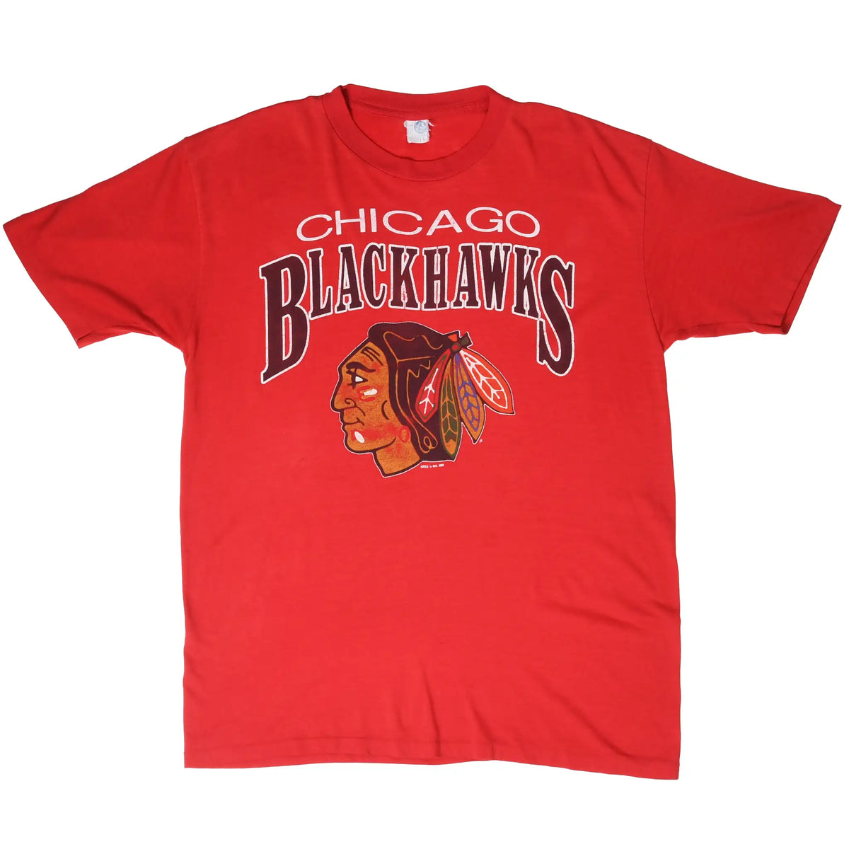 Full front view of red Chicago Blackhawks T-shirt with large team graphic