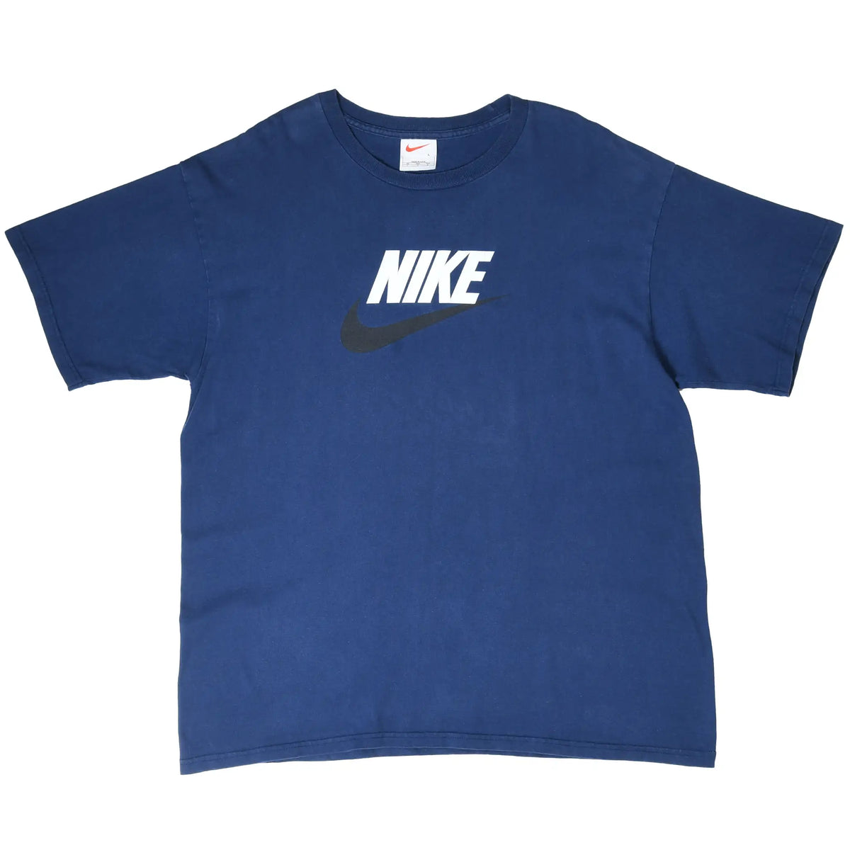 Front of navy blue Nike T-shirt with white spellout and black Swoosh graphic