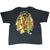 Back of black Chicago Blackhawks T-shirt with large multicolor team logo and Apex mark