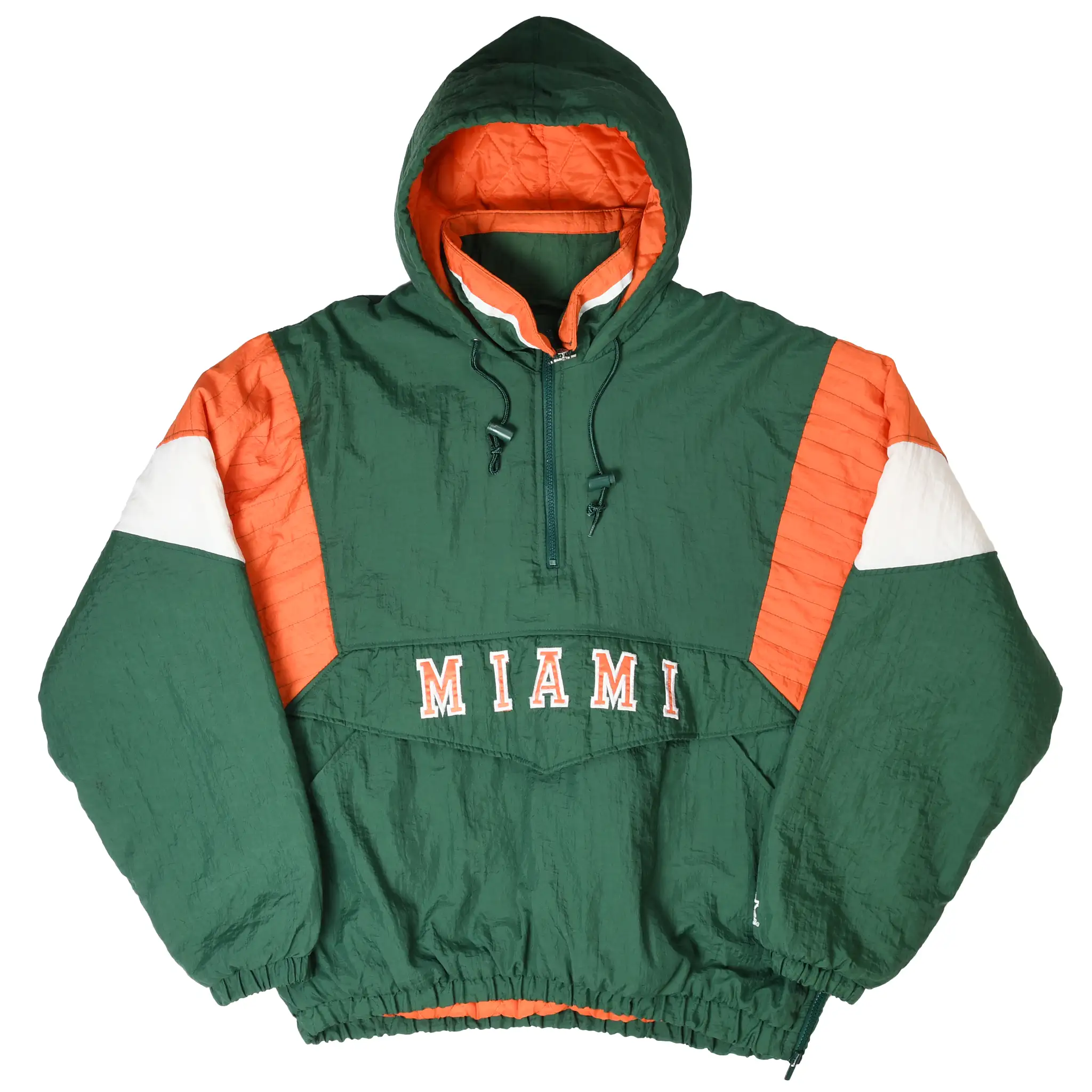 Front of green Miami Hurricanes pullover jacket with hood, half zip, and MIAMI lettering