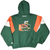 Back of green Starter Miami Hurricanes hooded jacket with Sebastian the Ibis graphic