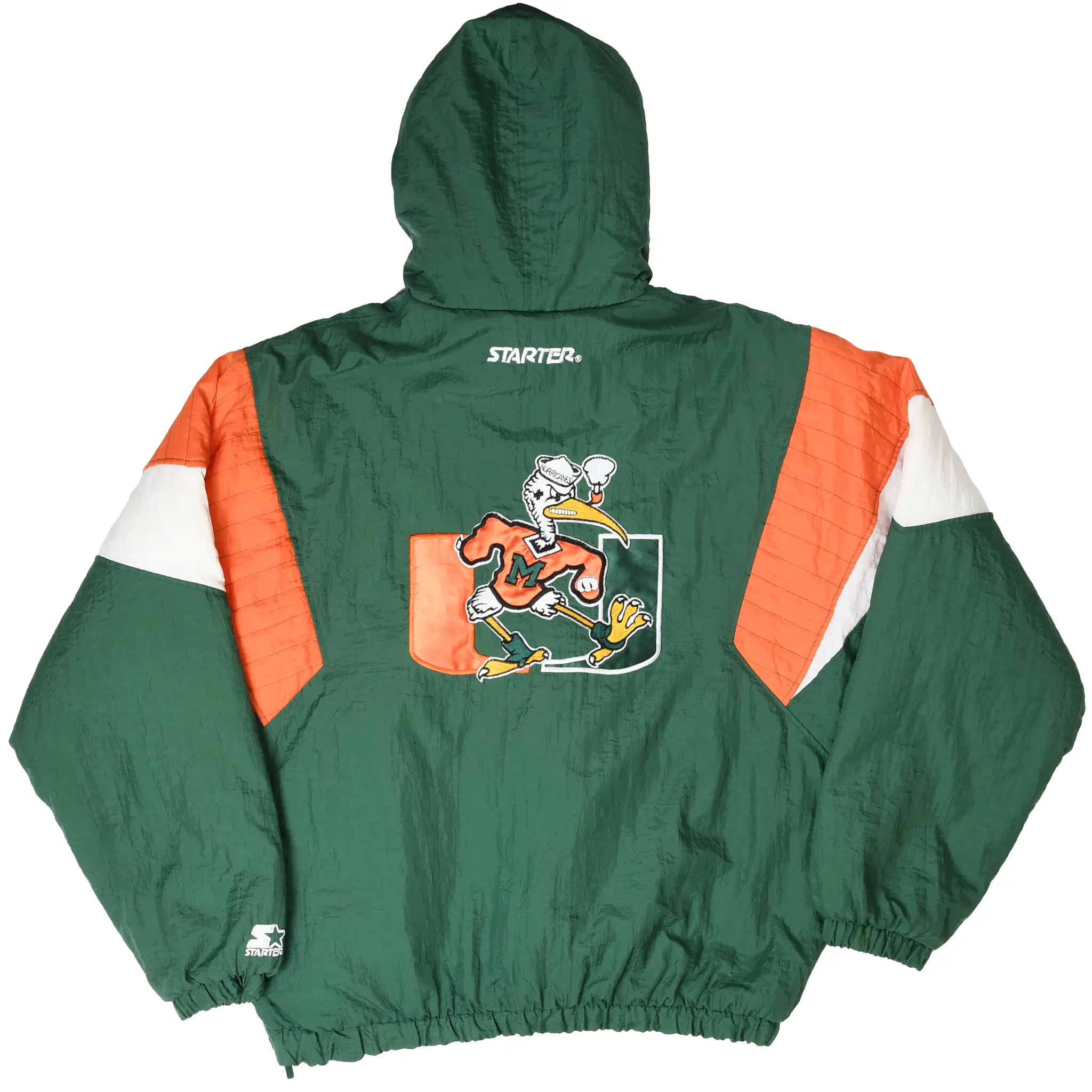 Back of green Starter Miami Hurricanes hooded jacket with Sebastian the Ibis graphic