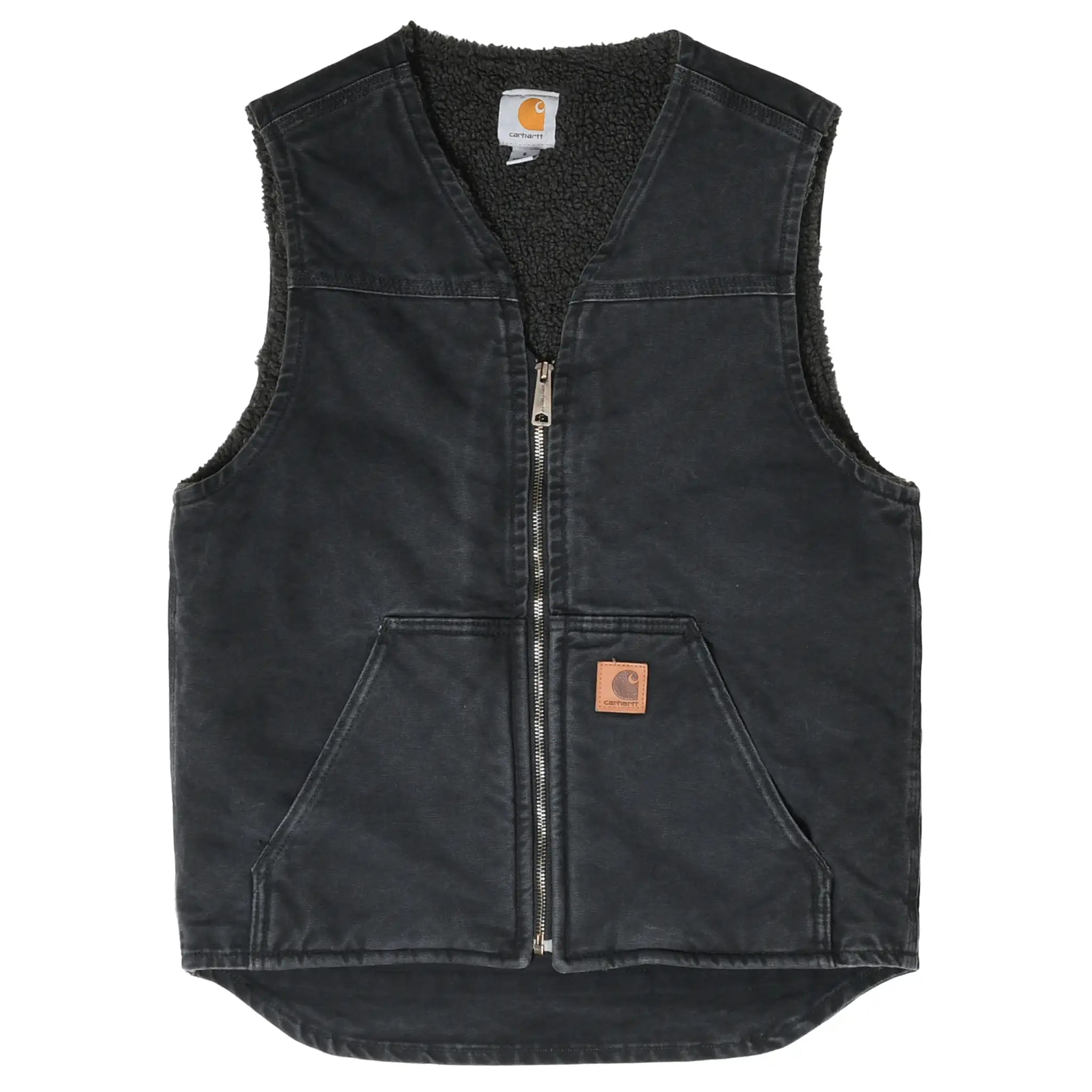 Front of faded black Carhartt sherpa-lined vest with full zipper