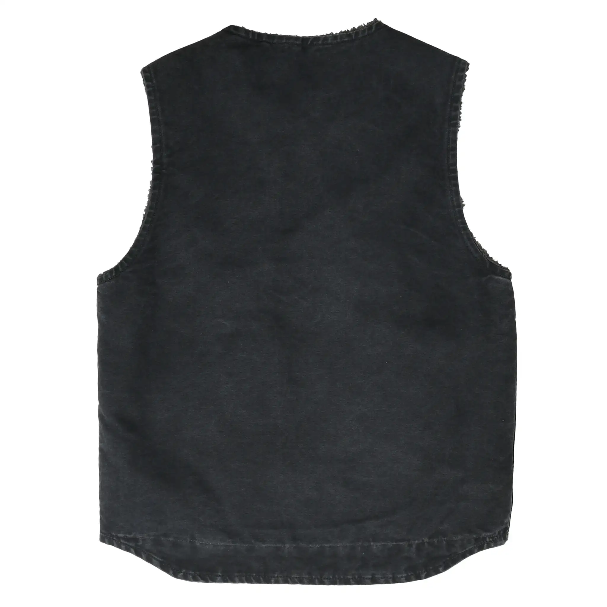 Back of faded black Carhartt vest with a slightly curved hem