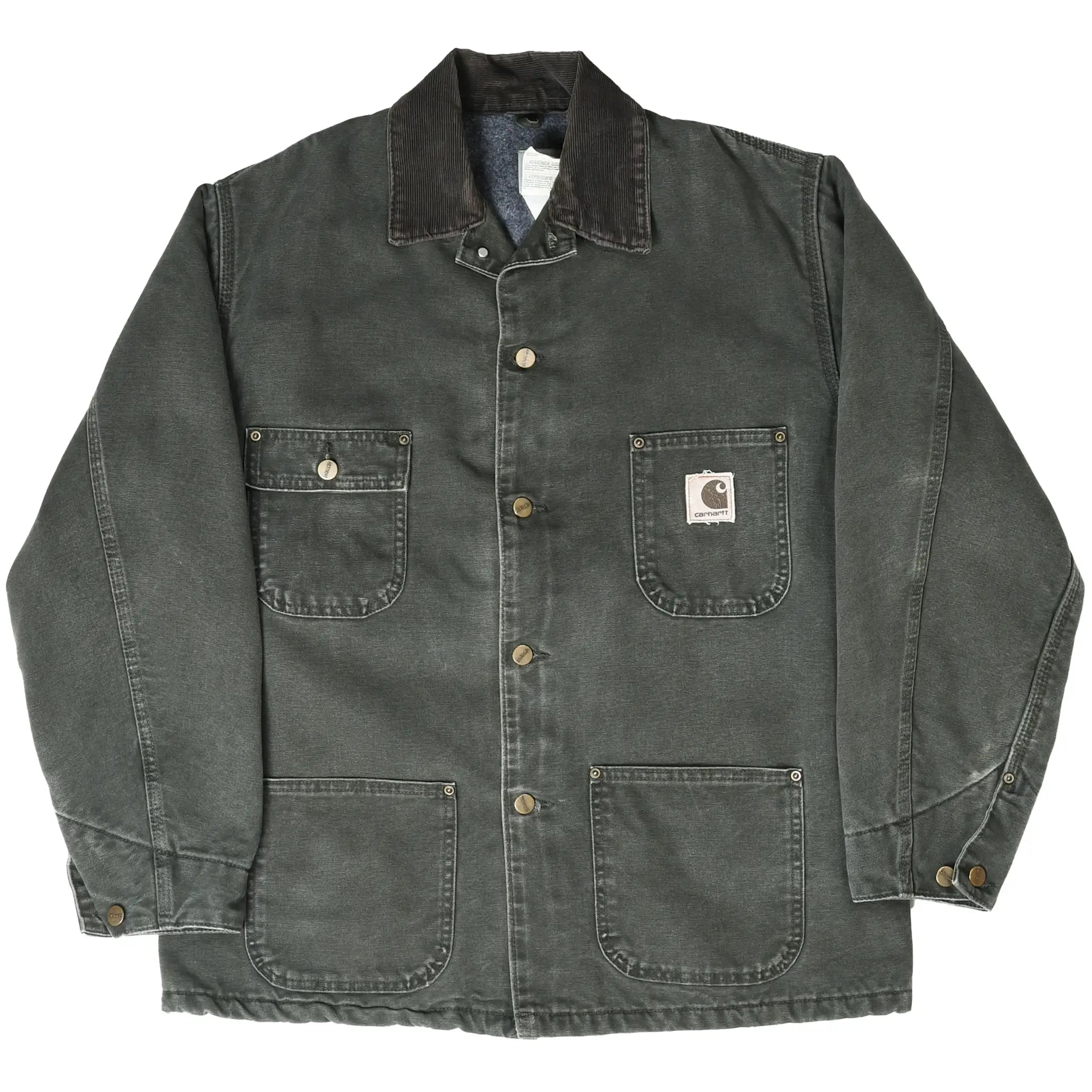 Full front view of dark moss green Carhartt Michigan chore jacket with button closure