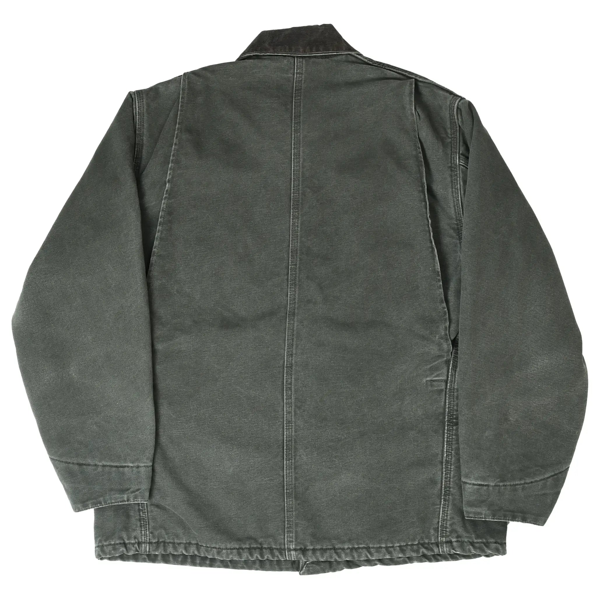 Back of dark moss green Carhartt Michigan chore jacket with center seam and corduroy collar