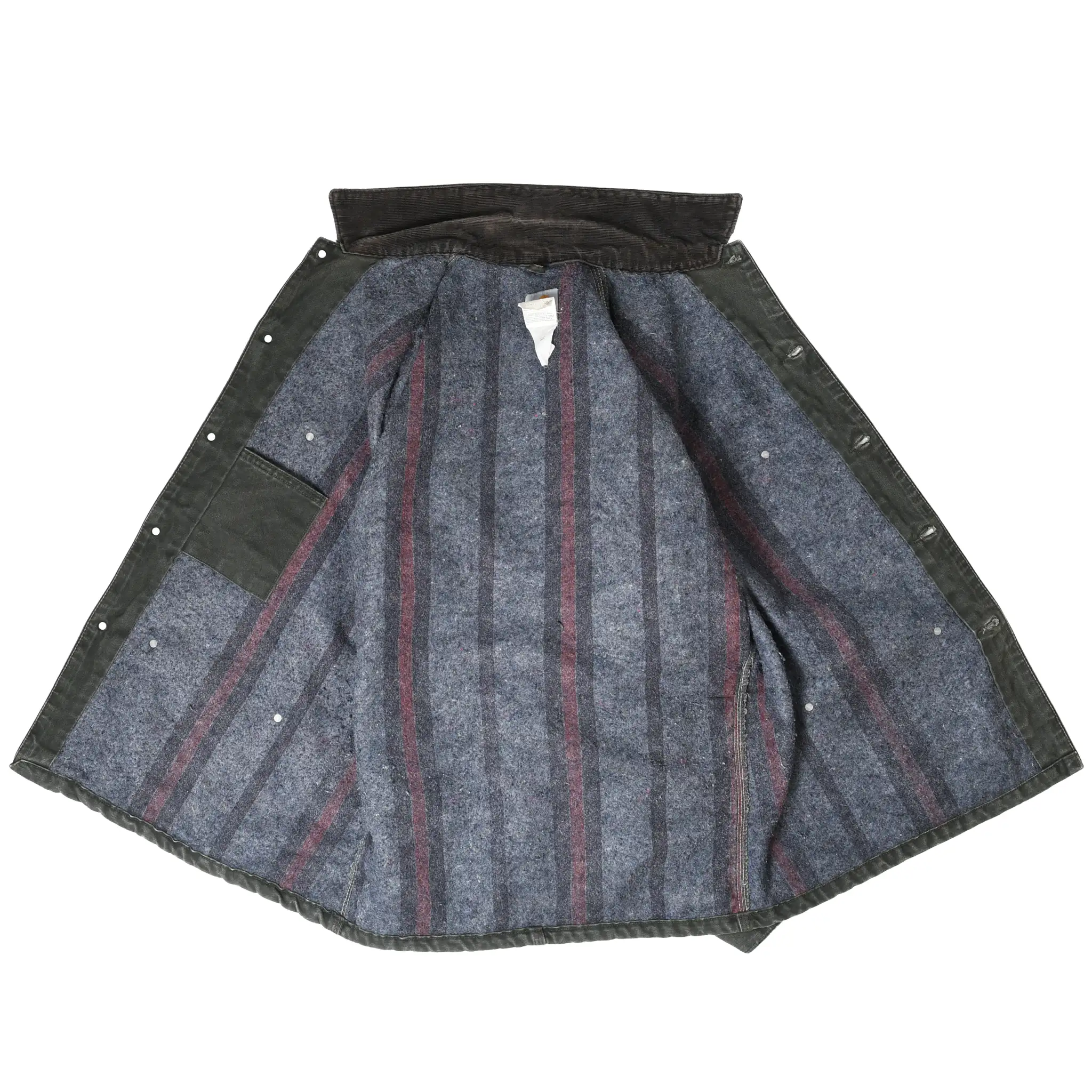 Carhartt Michigan chore jacket opened to show striped blanket lining and interior label