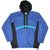 Front of blue Nike pullover windbreaker with black hood, teal stripe, and embroidered logo