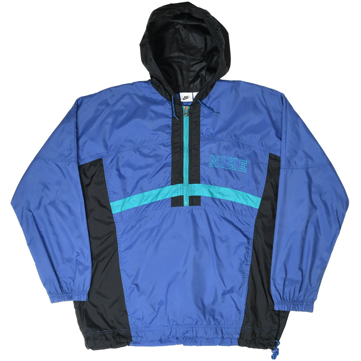 Front of blue Nike pullover windbreaker with black hood, teal stripe, and embroidered logo