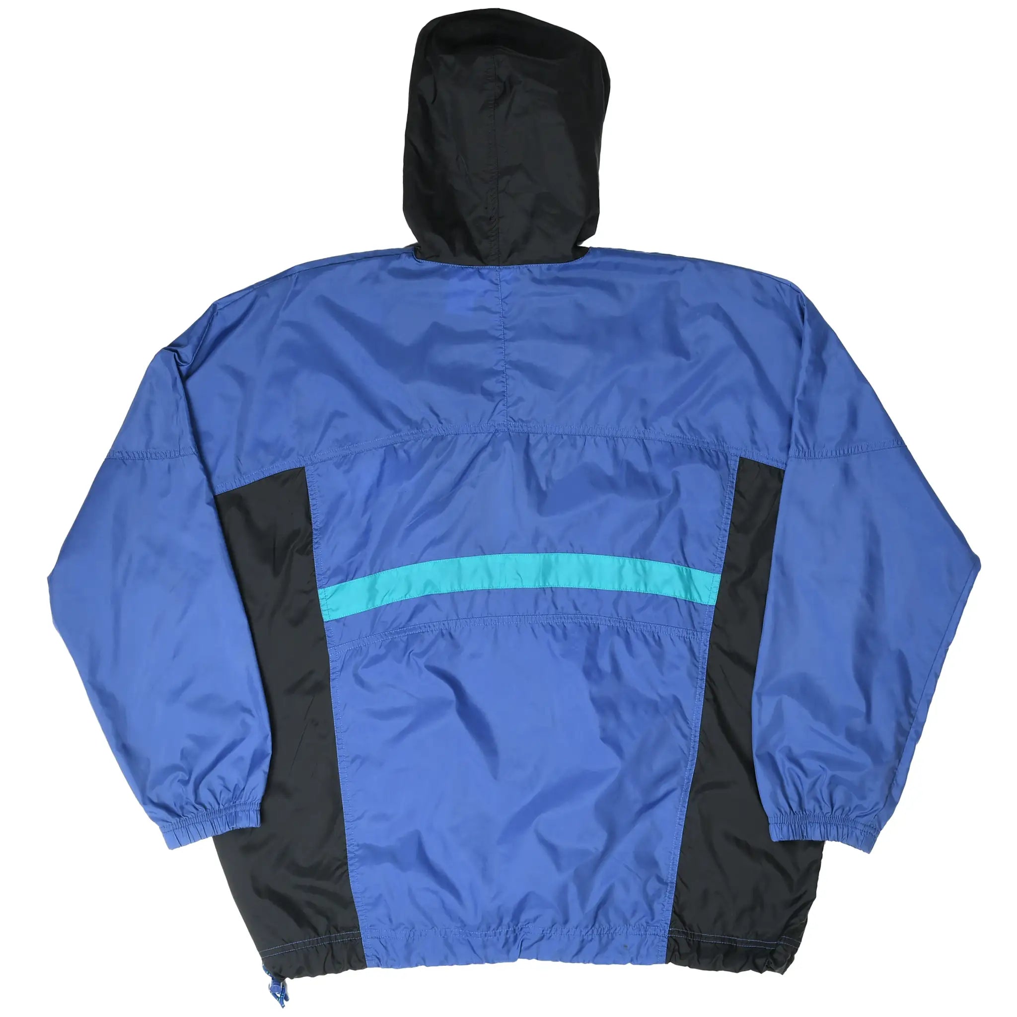 Back of blue and black Nike hooded pullover windbreaker with teal stripe
