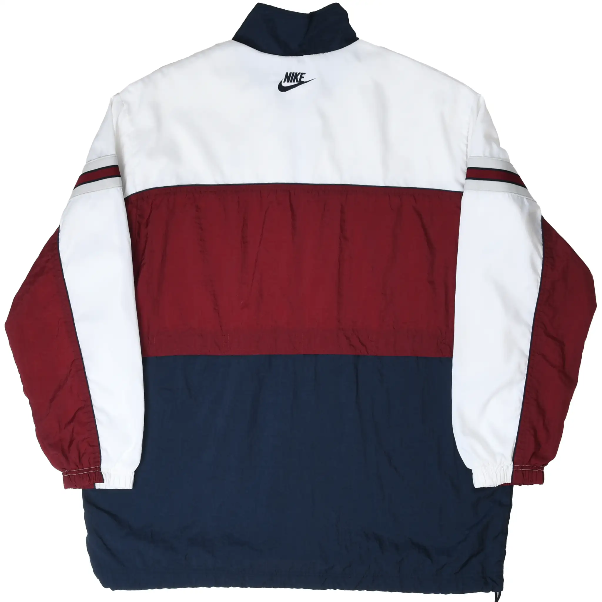 Back of Nike windbreaker jacket with white, burgundy and navy color blocking