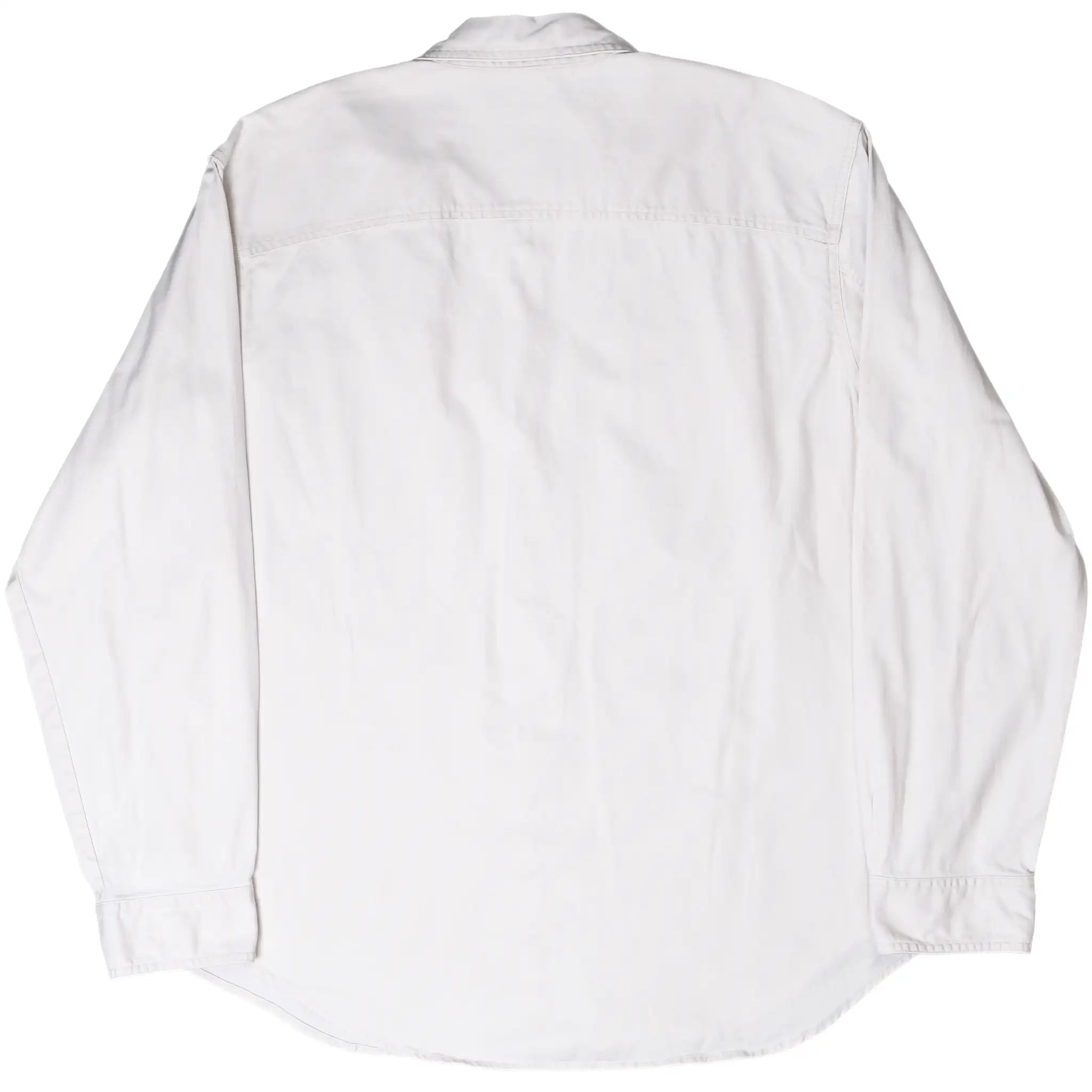 Back of white Levi's long-sleeve denim shirt with a straight shoulder yoke and curved hem