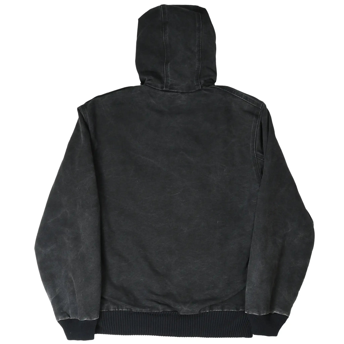 Back of black Carhartt J130 hooded active jacket with rib-knit hem and cuffs