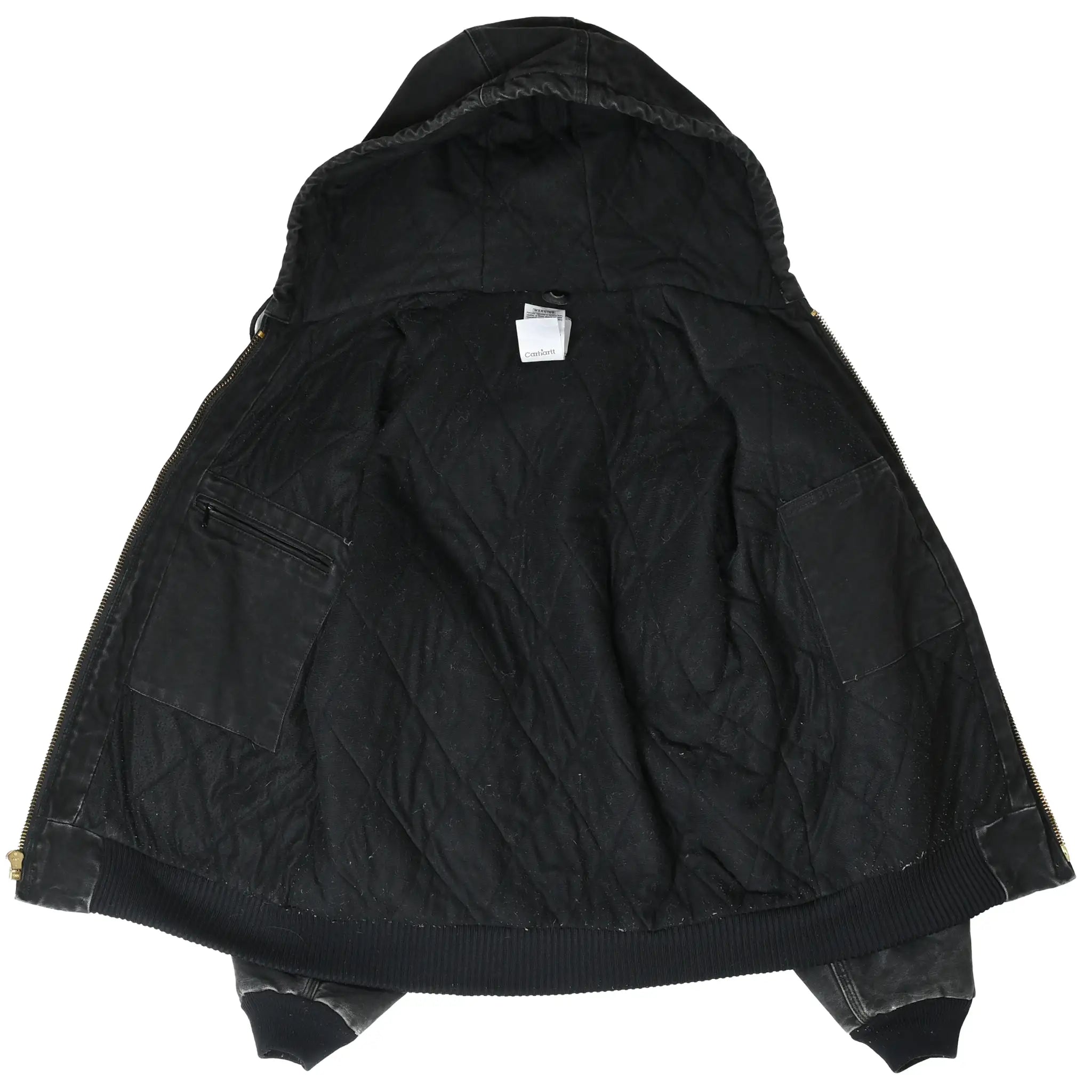 Open black Carhartt J130 hooded jacket showing quilted lining and interior pockets