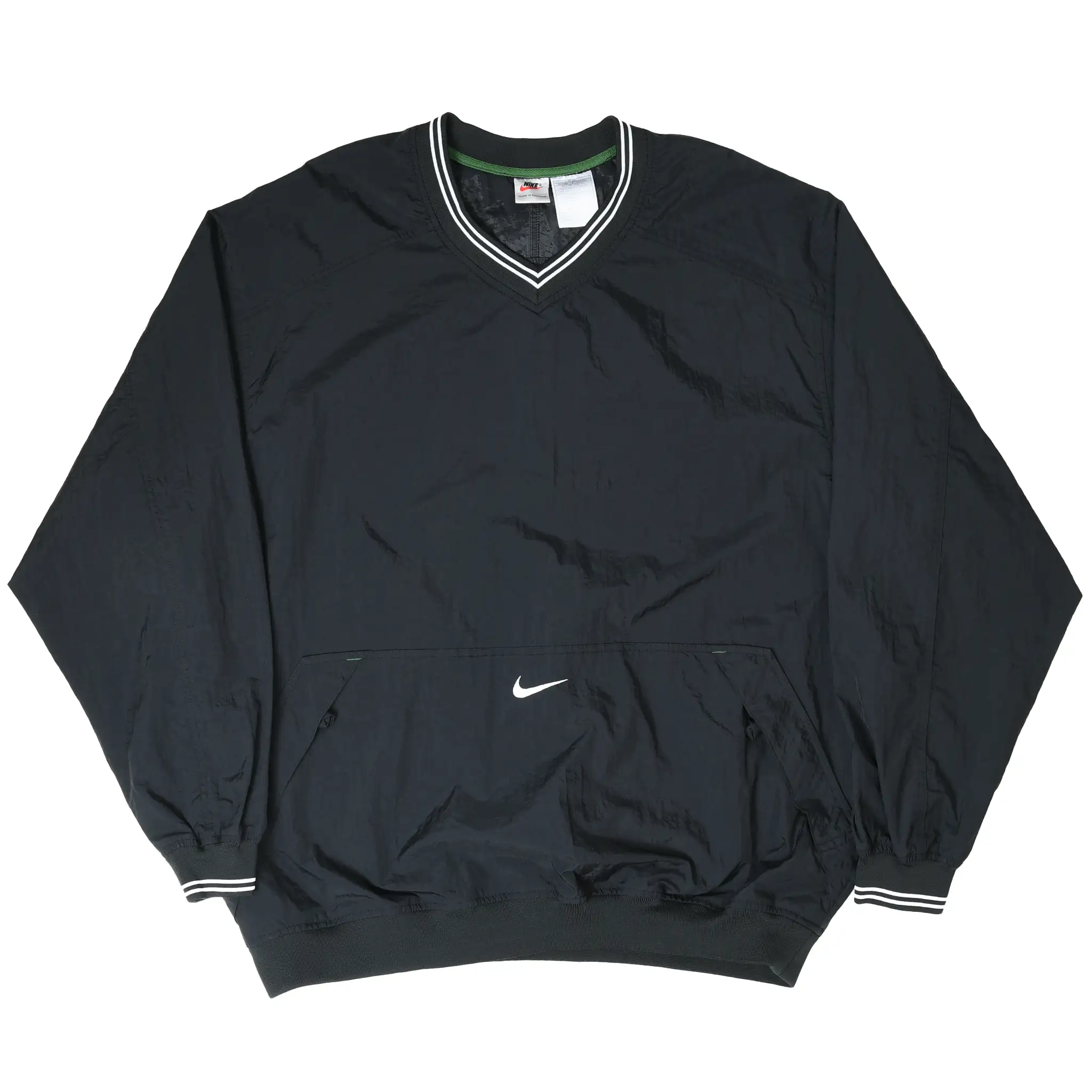 Full front of black Nike pullover windbreaker with center Swoosh and kangaroo pocket
