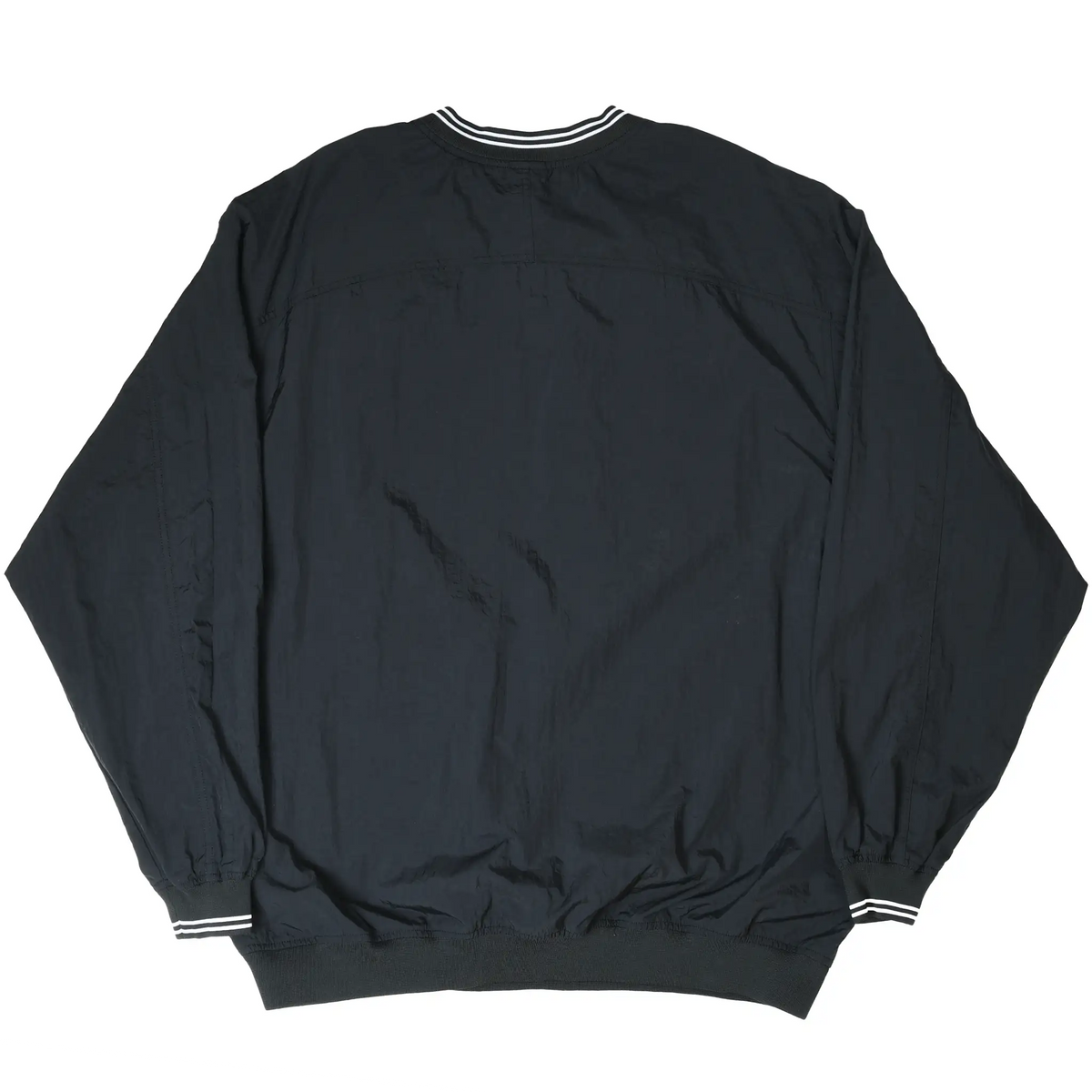 Back of black Nike pullover windbreaker with striped collar and cuffs