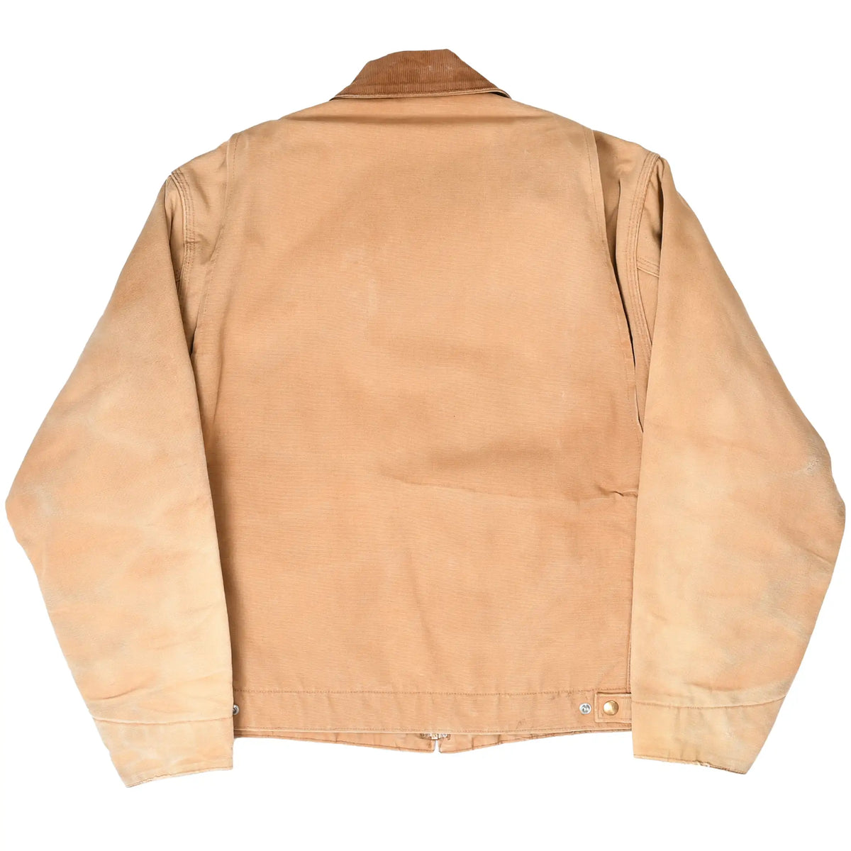Back of brown Carhartt Detroit jacket with corduroy collar and adjustable waist tabs