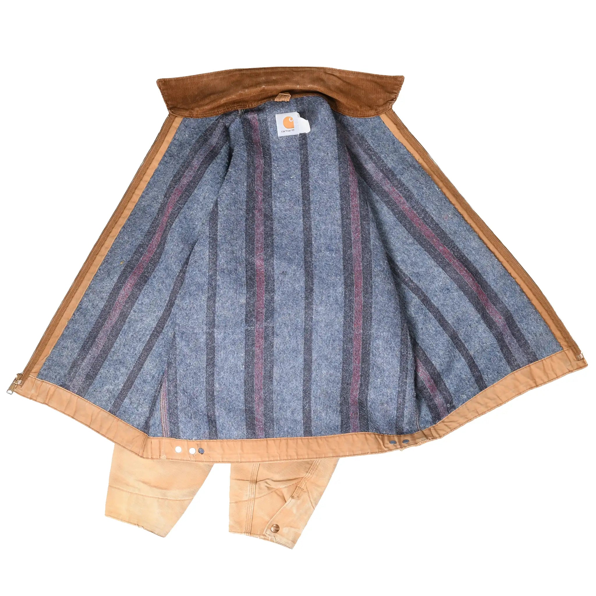 Open brown Carhartt Detroit jacket showing striped blanket lining